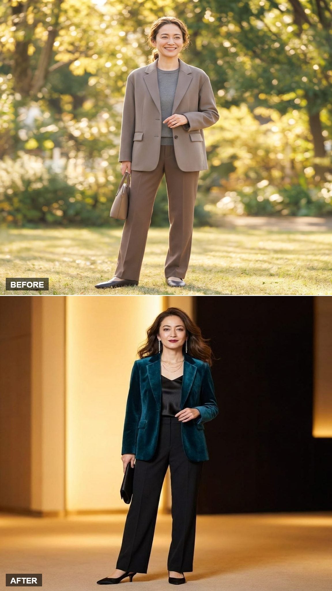 Dinner and a Concert Night in Deep Teal Velvet Blazer and Black Wide-Leg Trousers