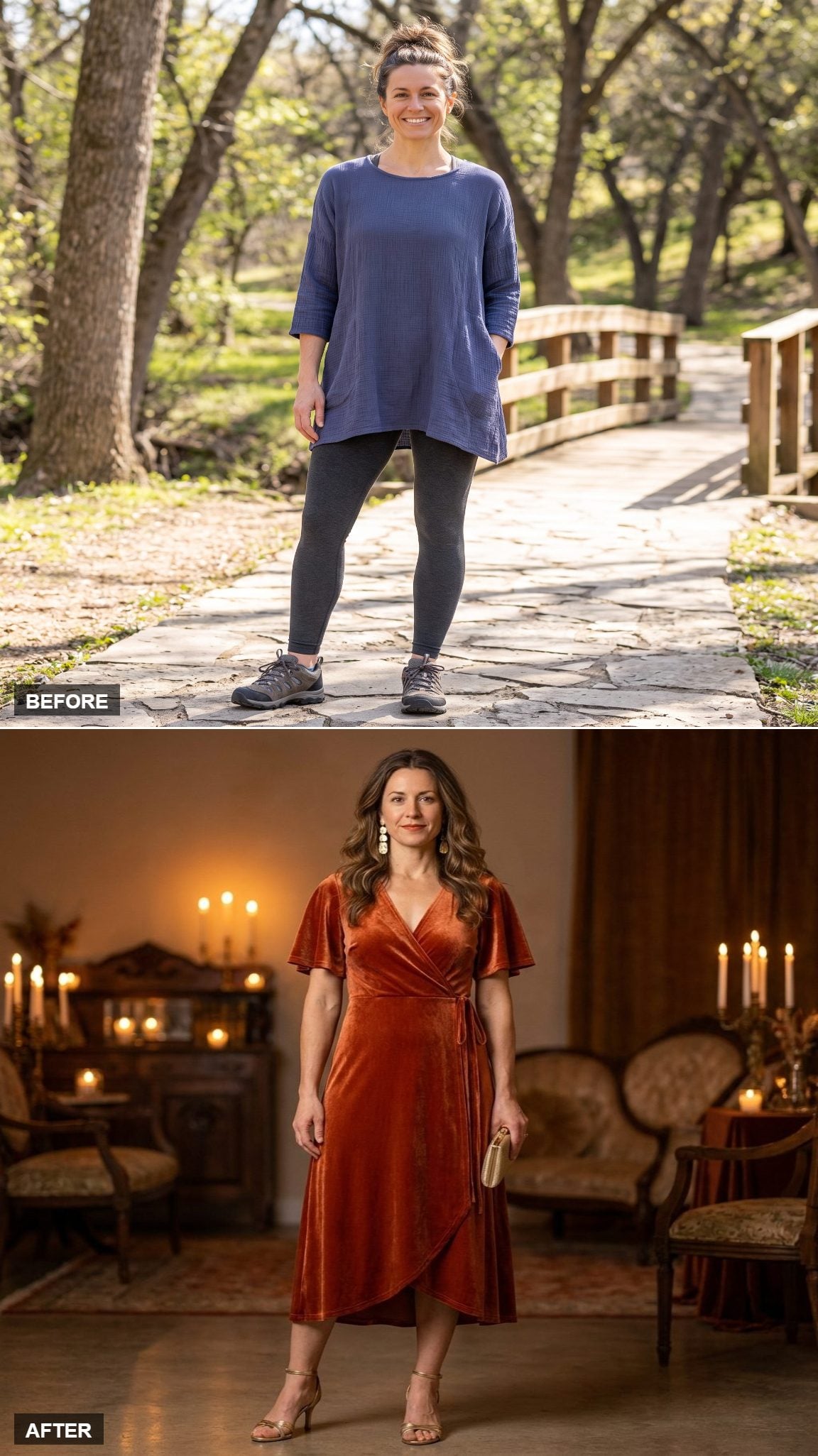 Dinner Party Ready in a Rust Velvet Midi Dress and Gold Strappy Heels
