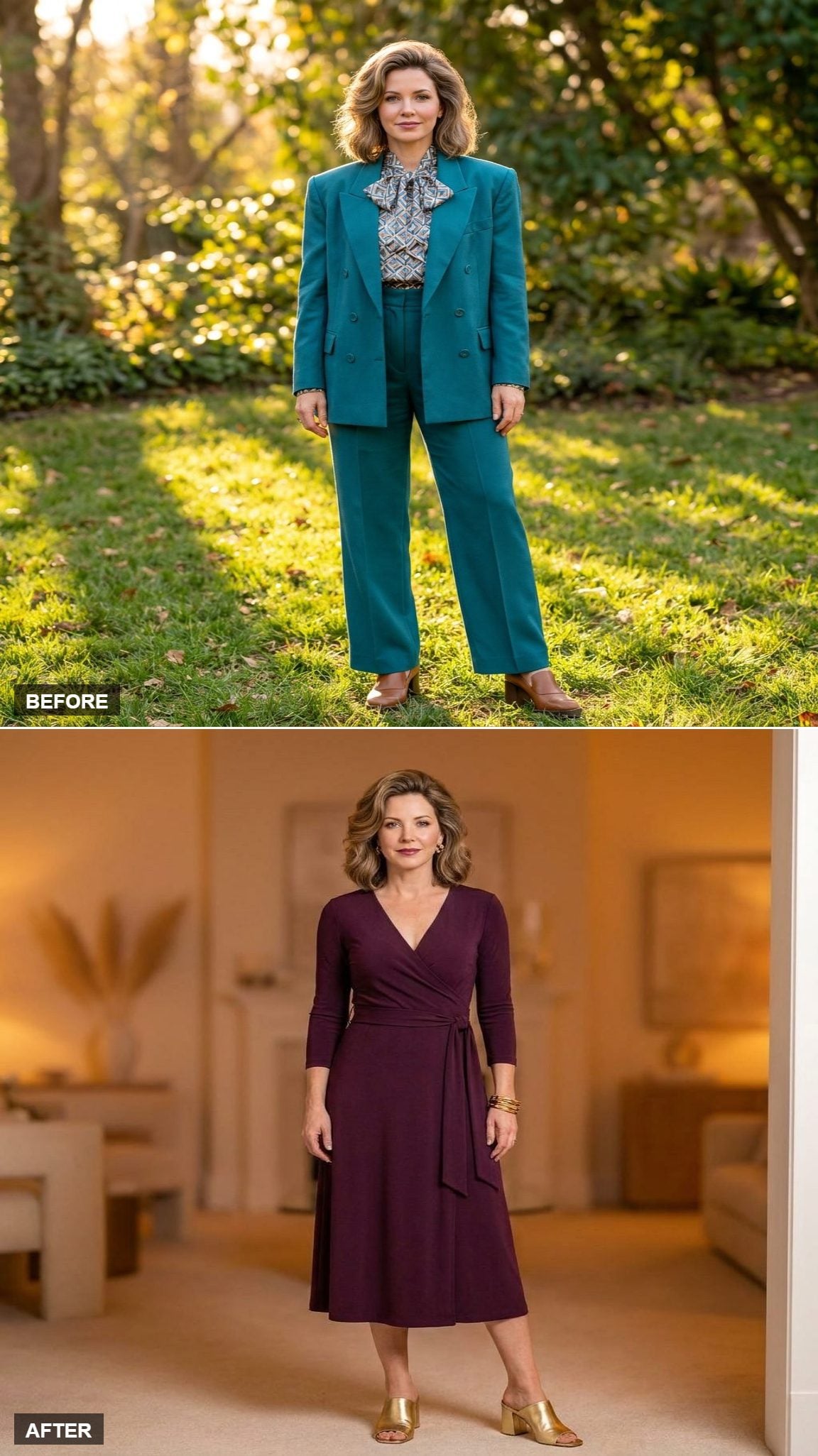Dinner Party Understated in a Deep Plum Wrap Dress and Gold Block-Heel Mules