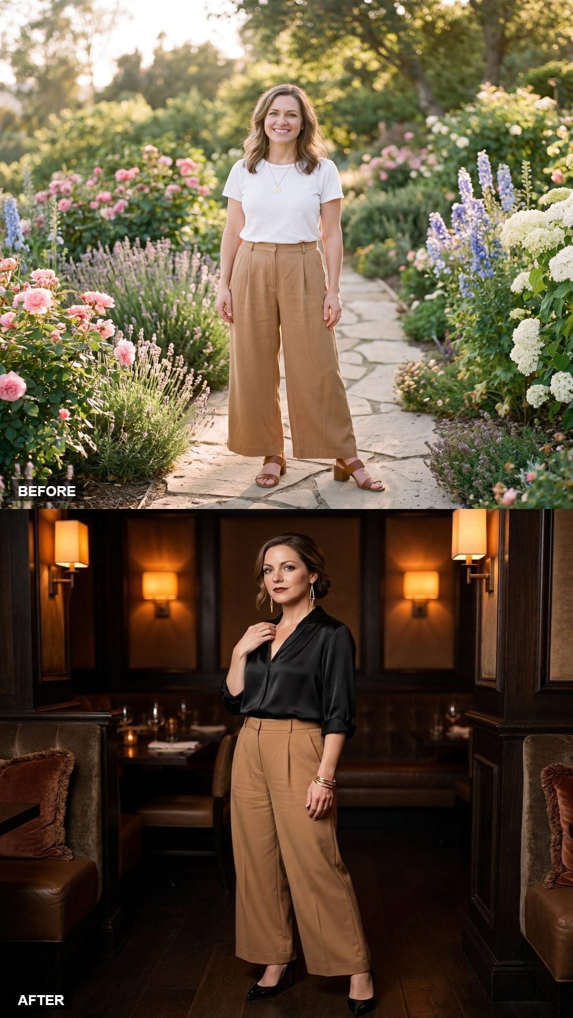 Dinner Reservations in a Black Silk Blouse and Gold Drop Earrings