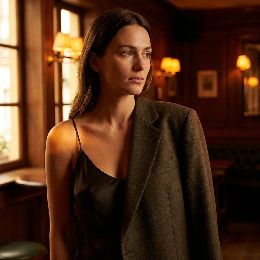 Oversized blazer layered over a silk camisole