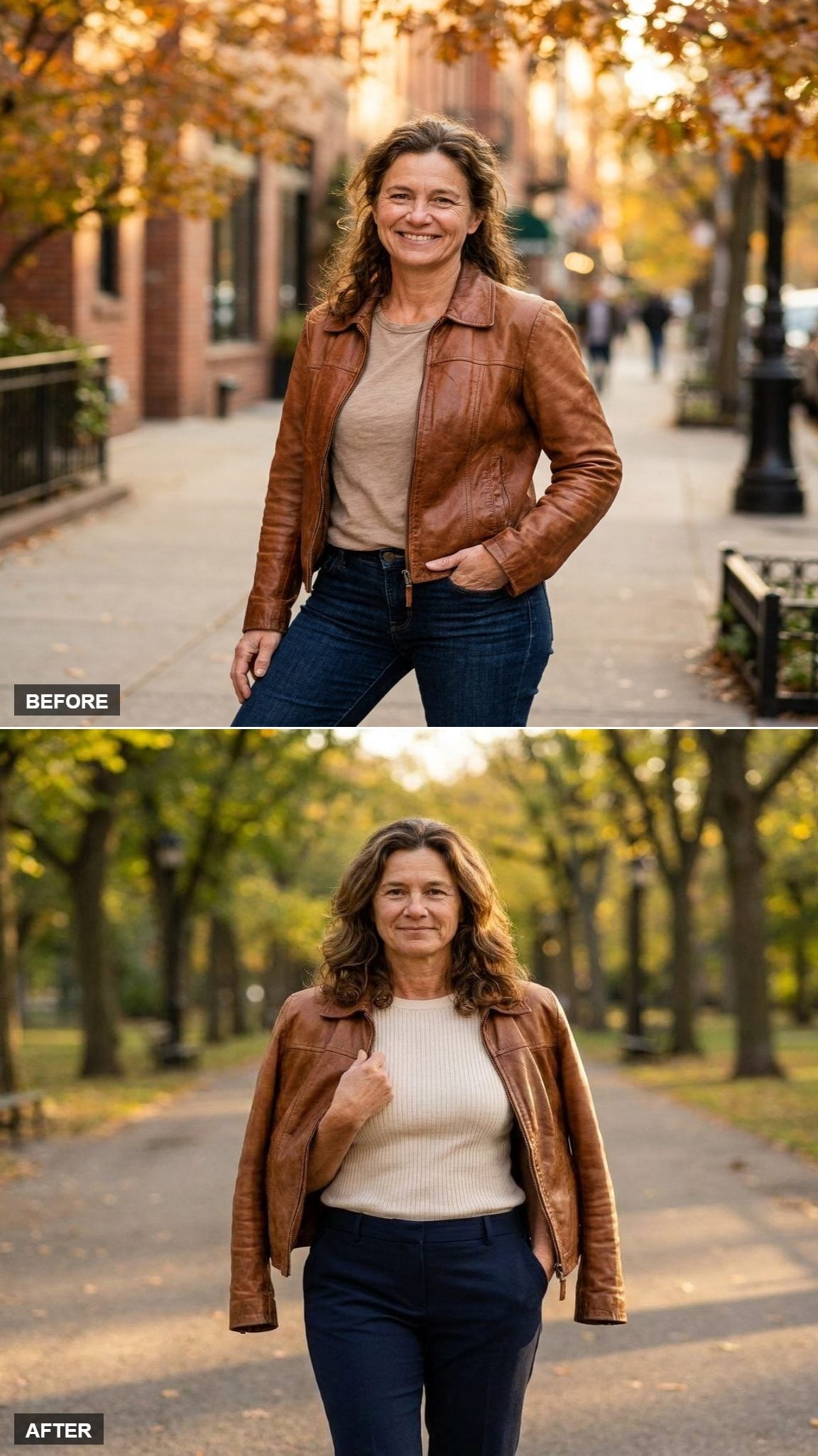 Draped Off the Shoulders Like a Cardigan, Cream Ribbed Knit Underneath, and a Park Avenue Stroll