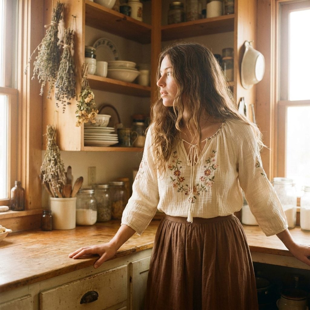 Cream embroidered peasant blouse with split tie neckline