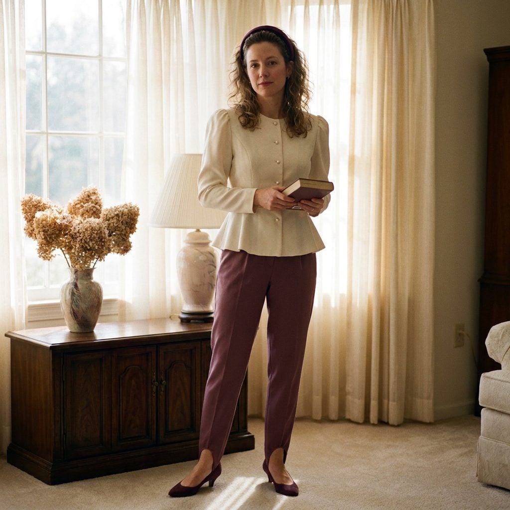 The Dusty Plum Stirrup Pant With a Cream Peplum Cardigan-Blouse Hybrid and the Velvet Headband Nobody Talked About Enough