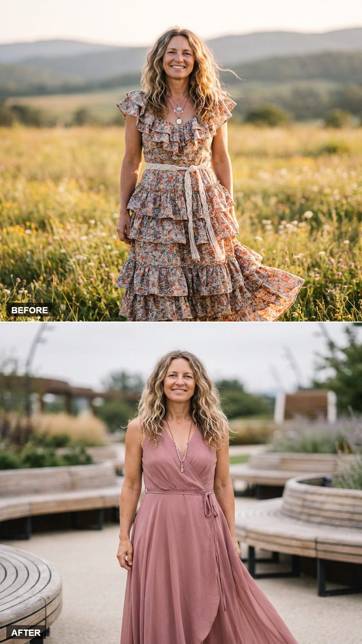 Dusty Rose Chiffon Wrap Dress, Thin Fabric Belt, and a Delicate Beaded Pendant in Soft Overcast Light
