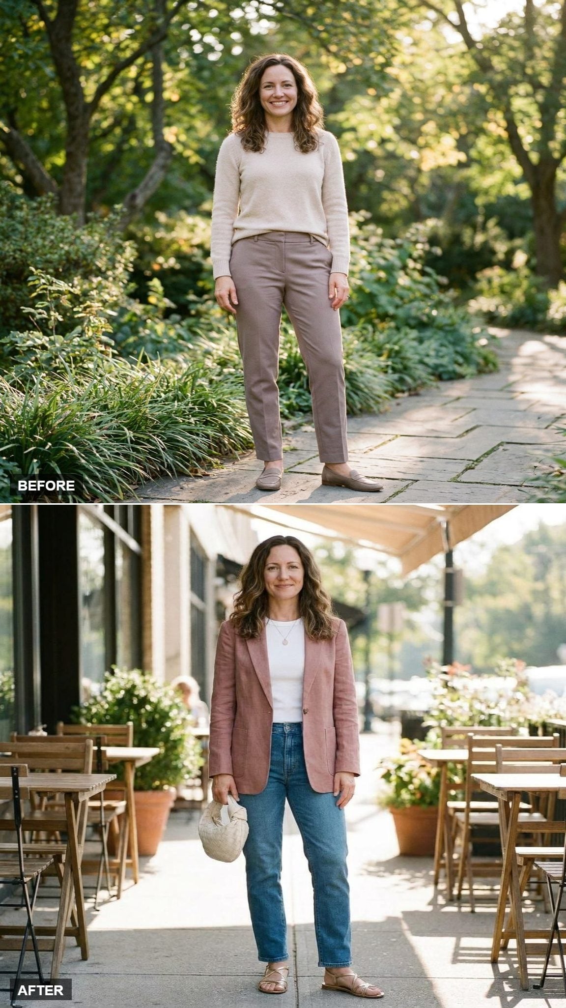 Dusty Rose Linen Blazer, White Tee, Straight-Leg Jeans, and Metallic Sandals