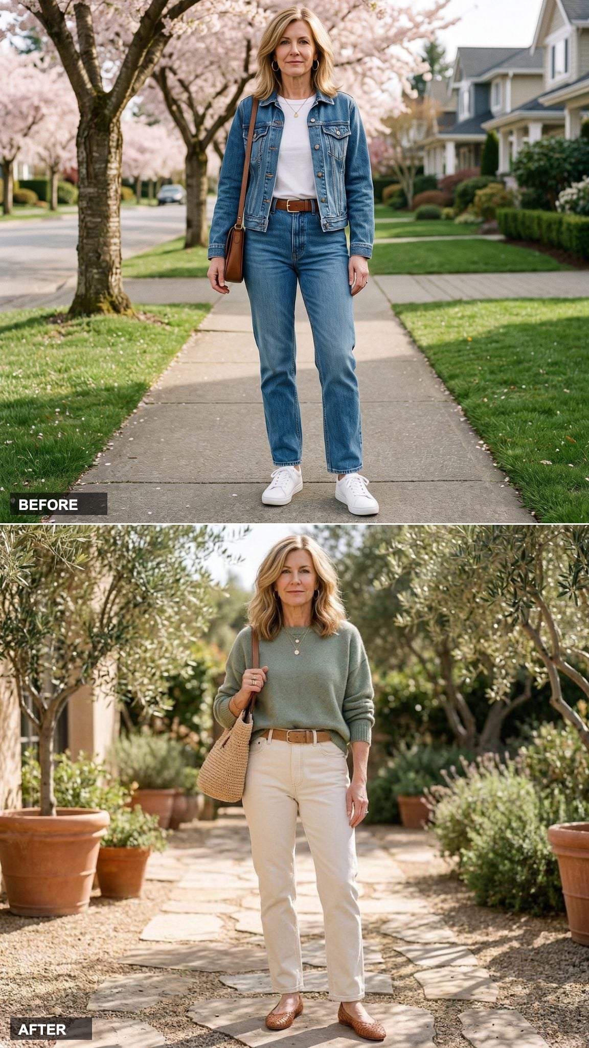 Ecru Denim, a Sage Green Knit, Woven Leather Flats, and a Raffia Bag for Organic Quiet Luxury