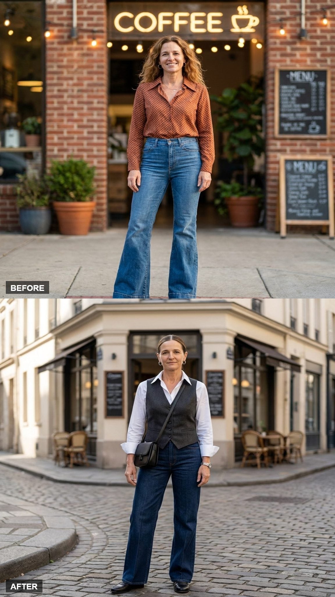 Editor's Coffee Run in a Charcoal Wool Vest, White Poplin Shirt, and Wide-Leg Denim