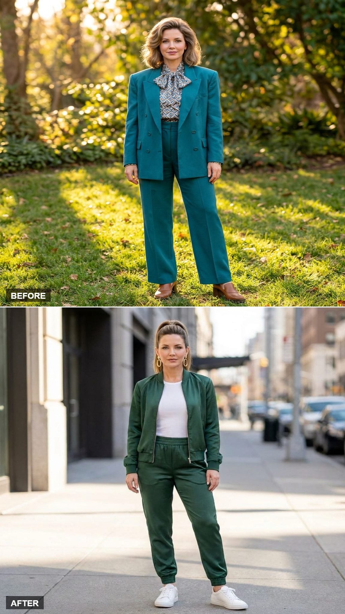 Elevated Athleisure in a Forest Green Track Jacket, Matching Joggers, and Crisp White Sneakers