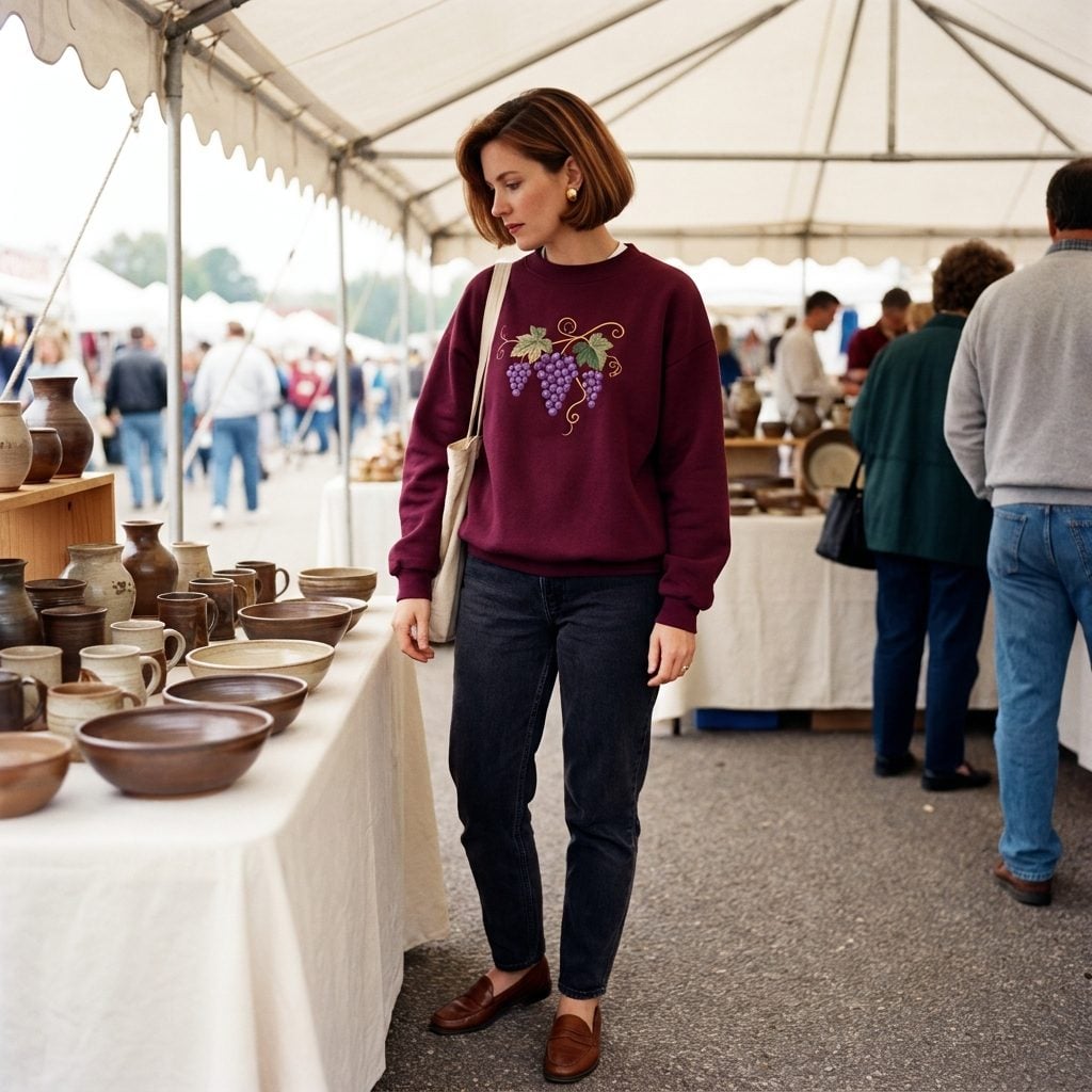The Embroidered Grapes and Wine-Country Vine Sweatshirt in Burgundy That Peaked at the Craft Fair