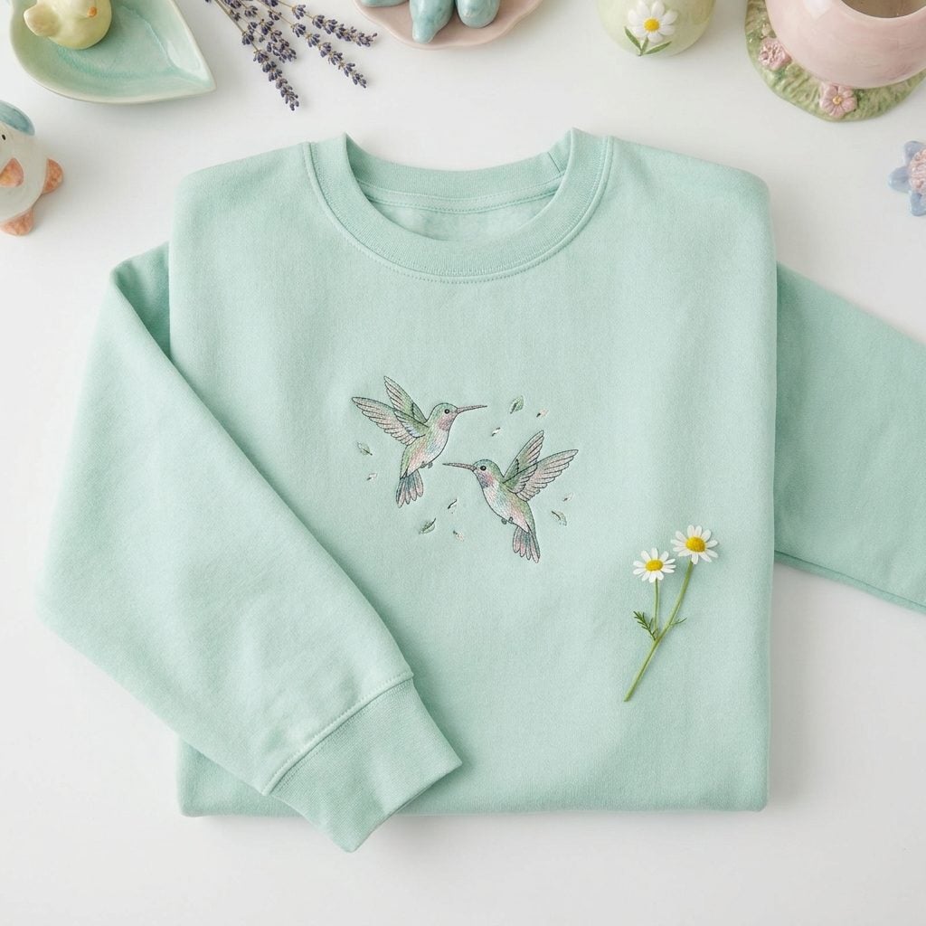 The Embroidered Hummingbird Sweatshirt in Mint Green That Always Had at Least Two Hummingbirds