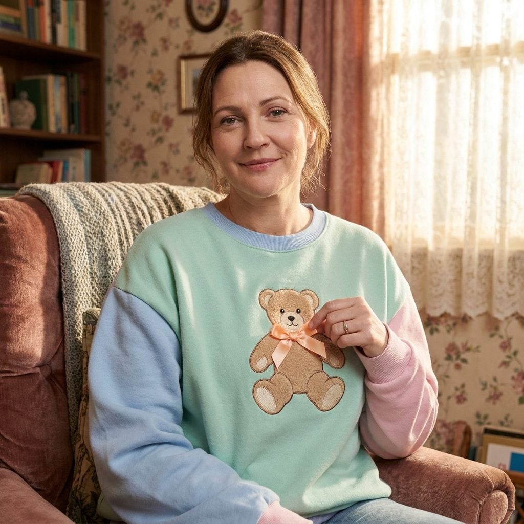 The Embroidered Teddy Bear Sweatshirt With a Little Satin Ribbon You Bought for Yourself at Age 35