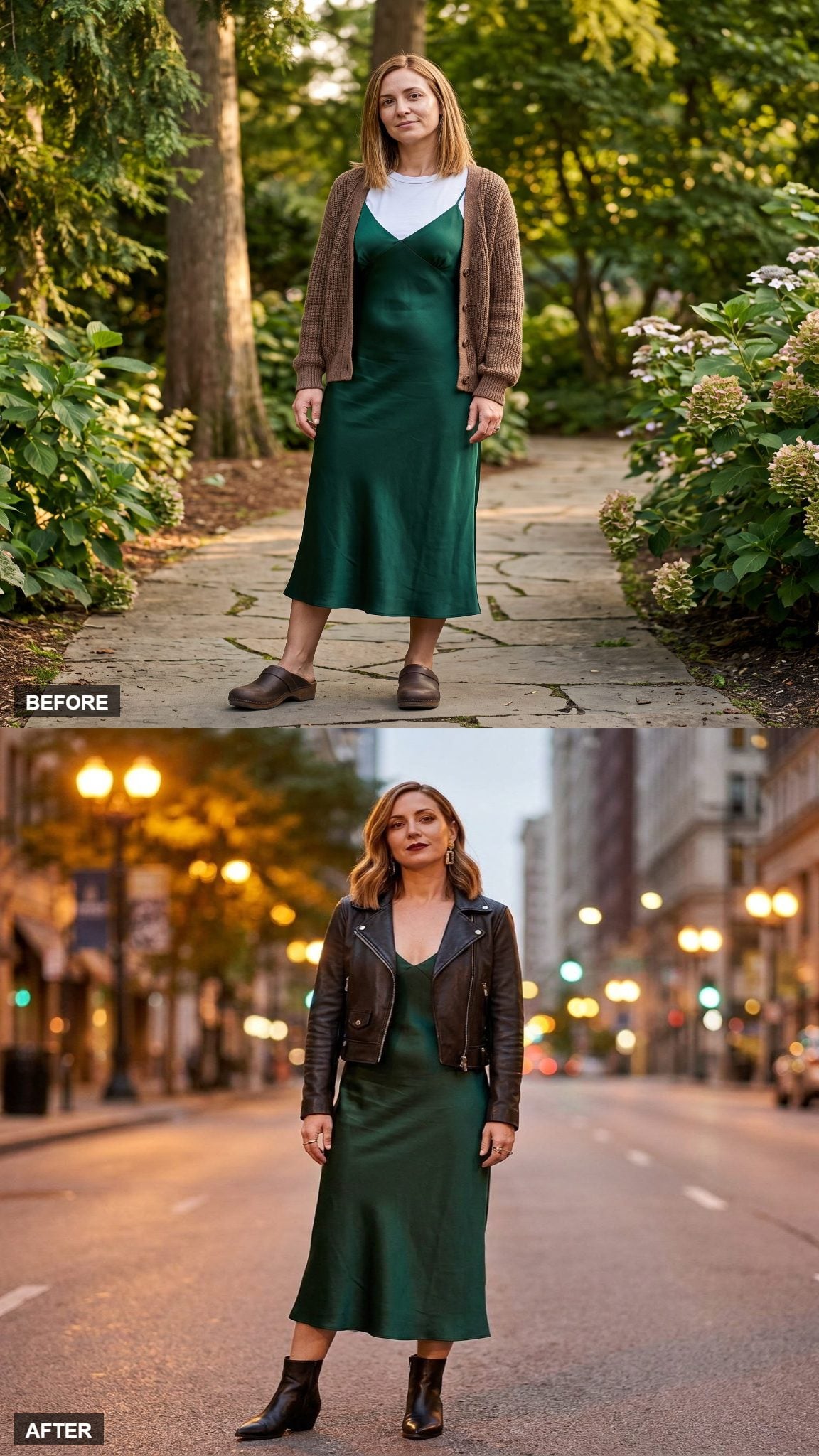 Emerald Bias-Cut Slip with a Cropped Leather Jacket