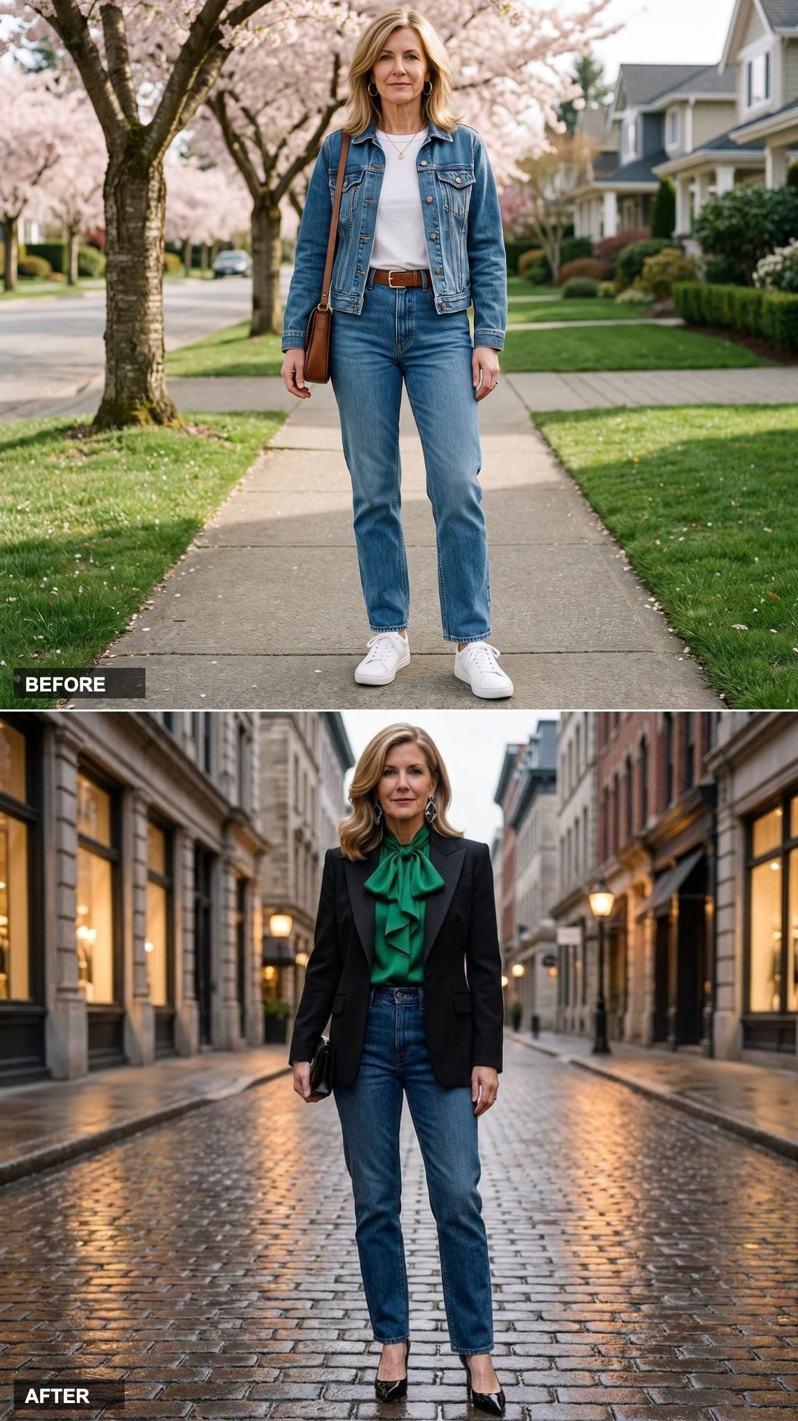 Emerald Silk Blouse, Black Tailored Blazer, and Sculptural Earrings for an Evening That Expects Something