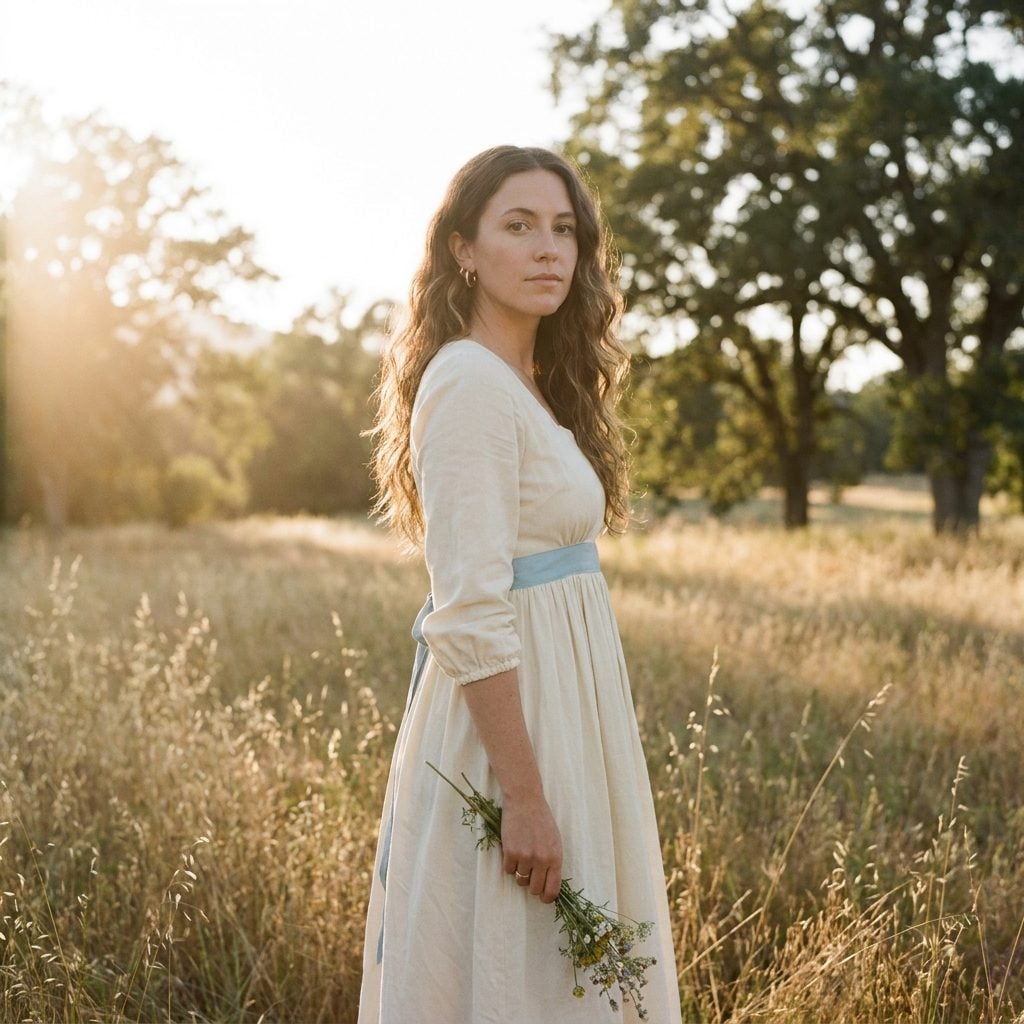 Cream prairie dress with high empire waist and pale blue band