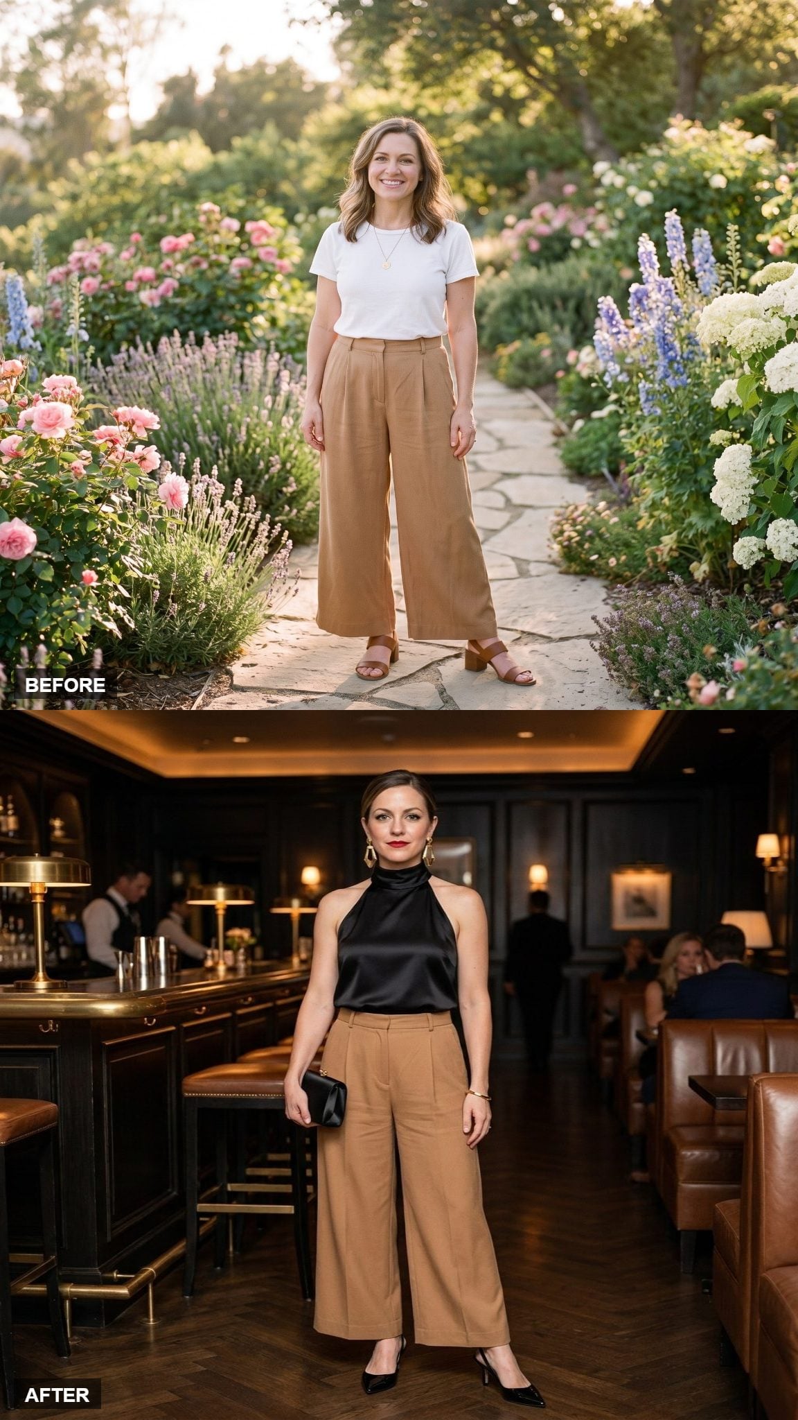 Evening Cocktails in a Black Halter and Oversized Gold Earrings