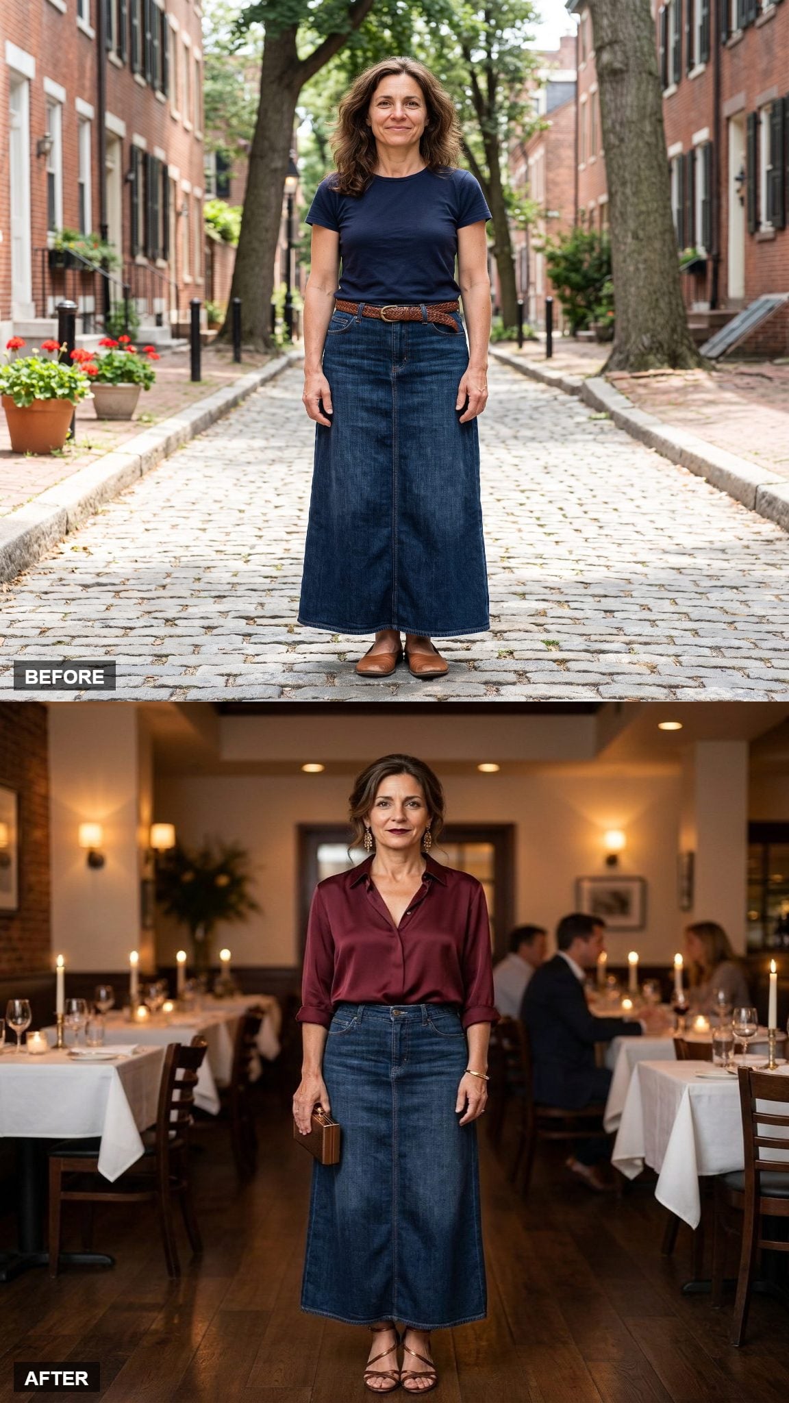 Berry-Toned Evening in a Jewel-Neck Blouse and Gold Cuffs