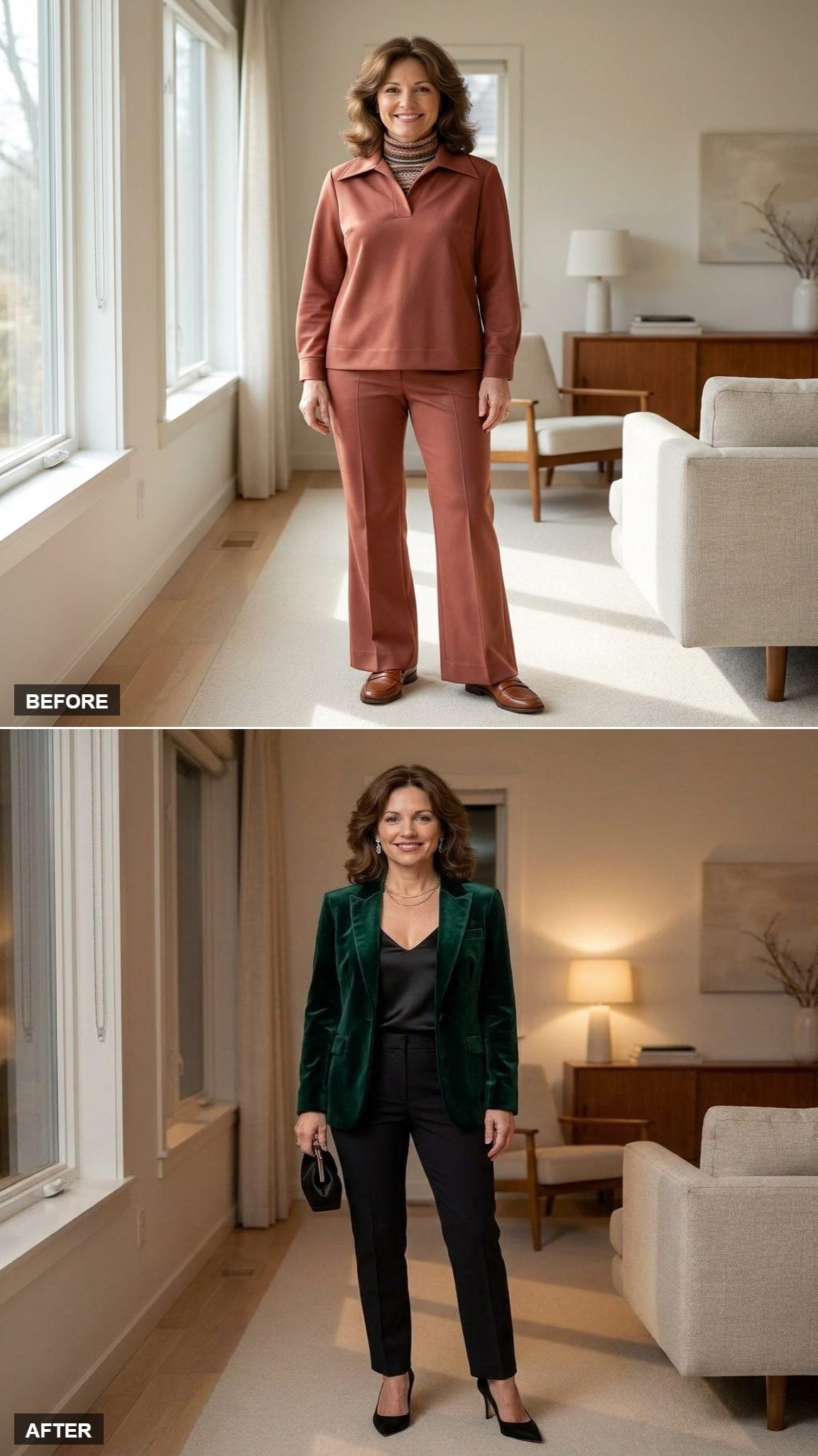 Evening Out in a Deep Emerald Velvet Blazer, Black Satin Cami, and Tailored Black Trousers