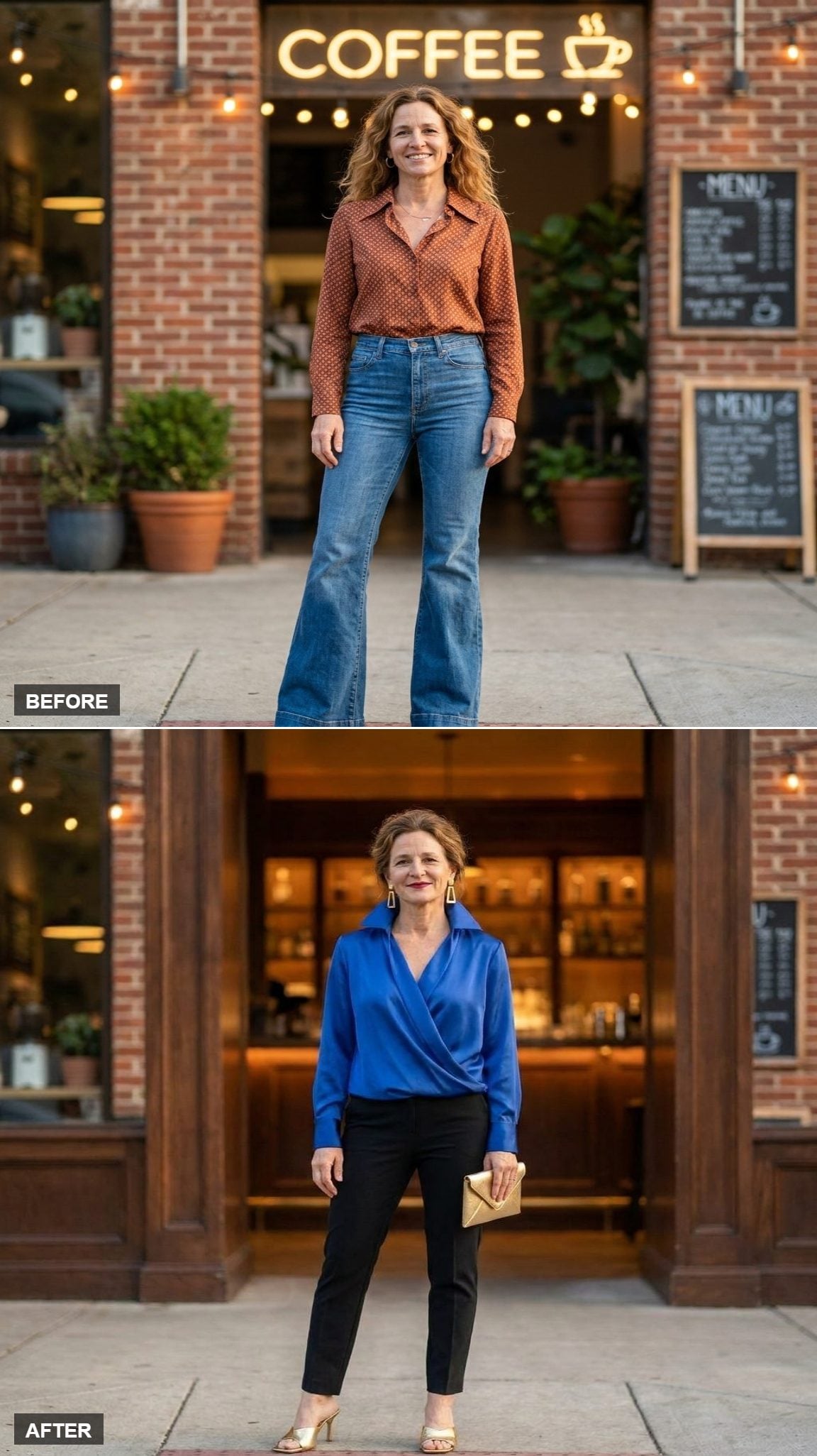 Evening at the Wine Bar in a Cobalt Blue Wrap Blouse, Black Slim Trousers, and Gold Mules