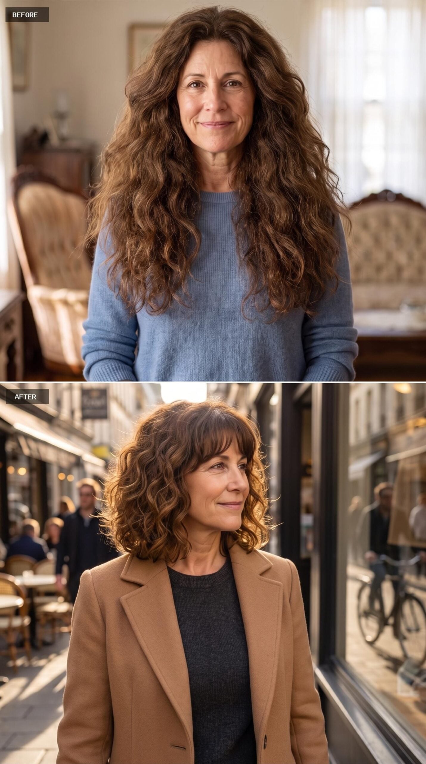 Curly Bob with Bangs, a Camel Coat, and Why the Proportions Matter