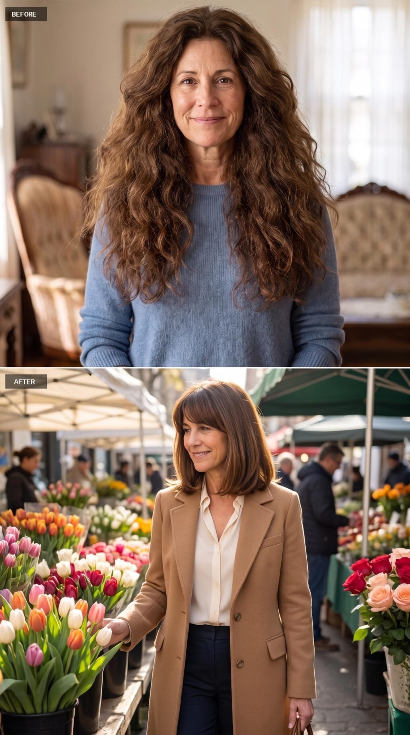 Flower Market, Camel Coat, and the Bangs That Change the Whole Frame