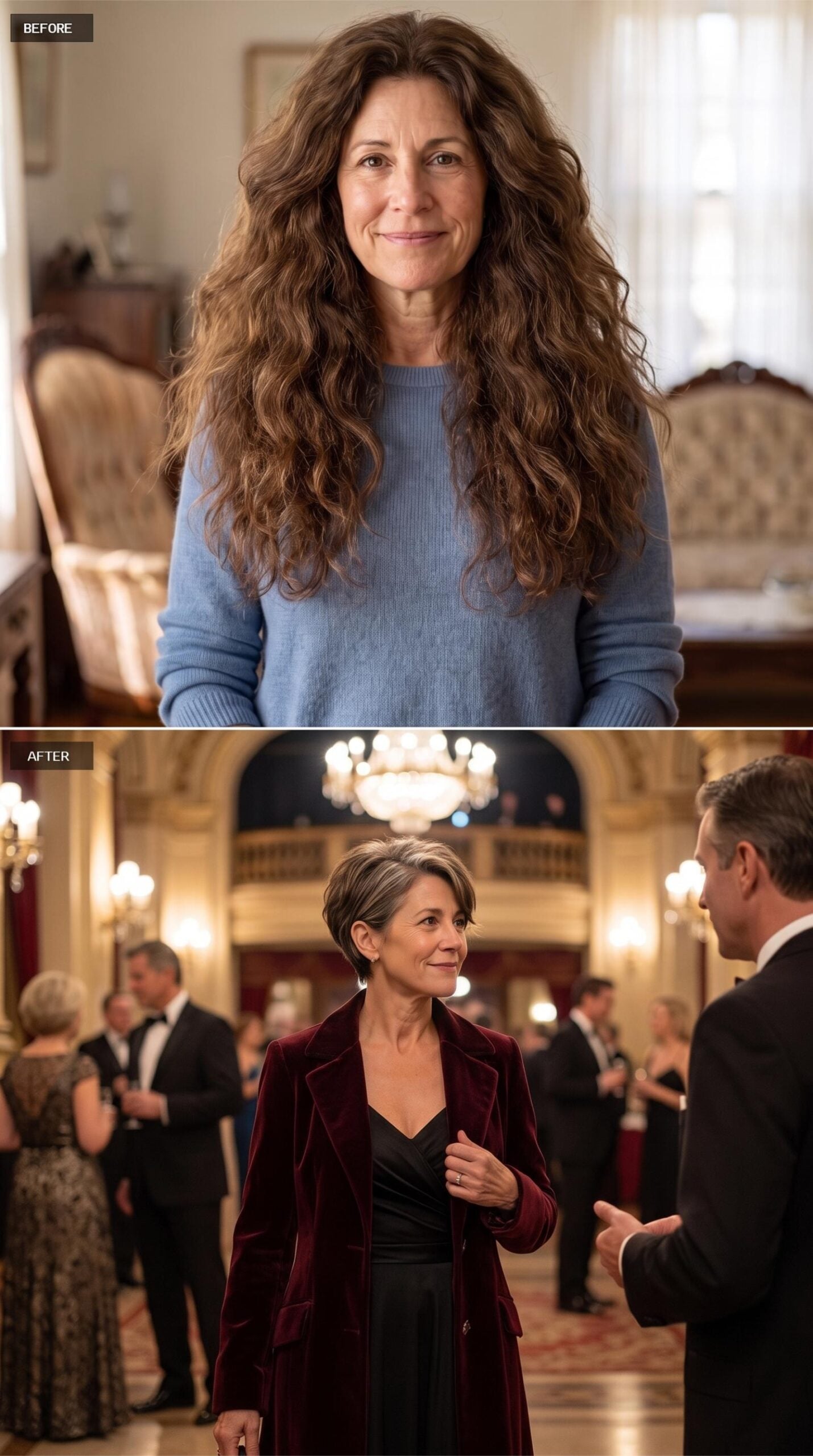 Grand Hall, Velvet Coat, and a Honey-Streaked Pixie Beneath Chandeliers