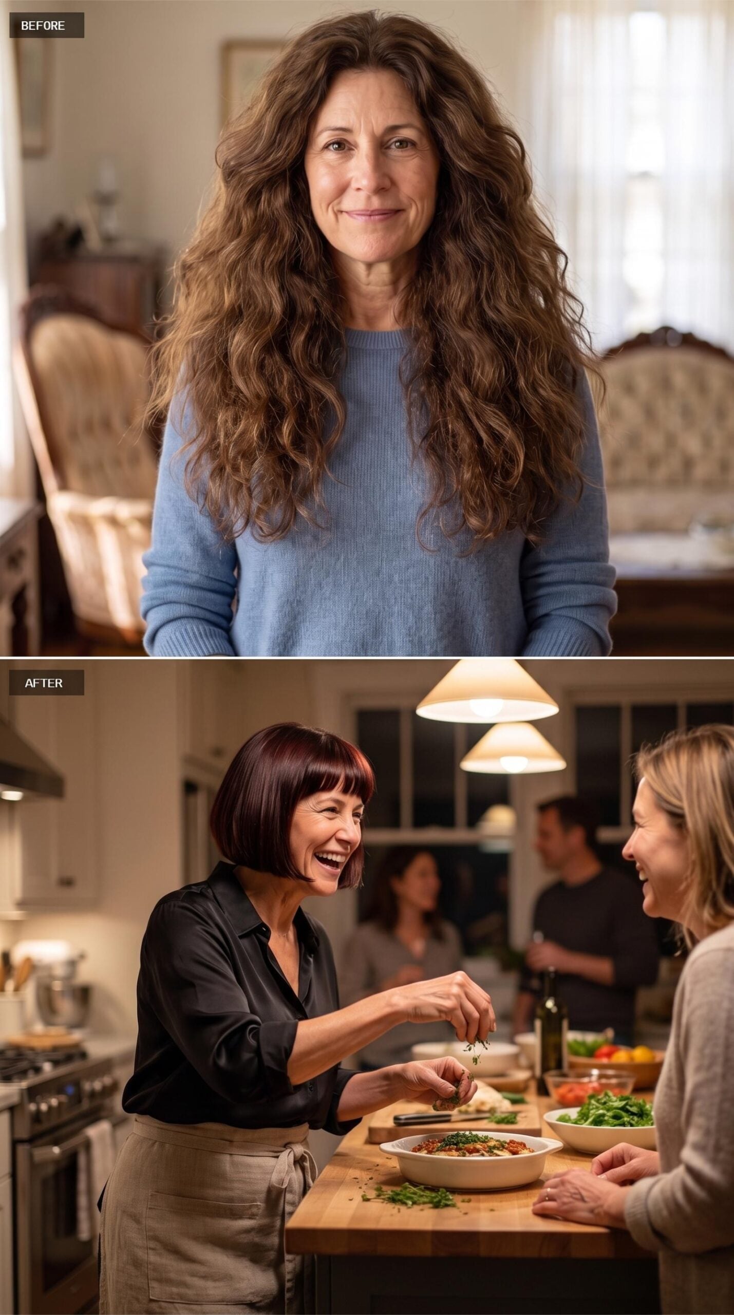 Kitchen Dinner, Dark Bob with Bangs, and a Host Who Never Stops Moving