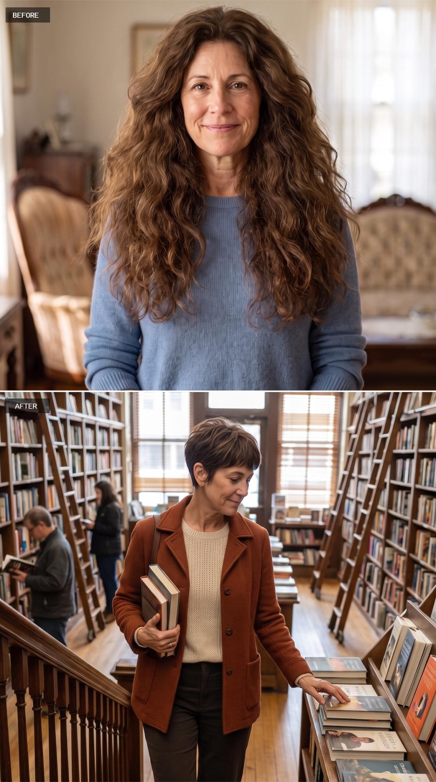 Pixie Cut, Bookshop Afternoon, and the Rust Coat That Finishes It
