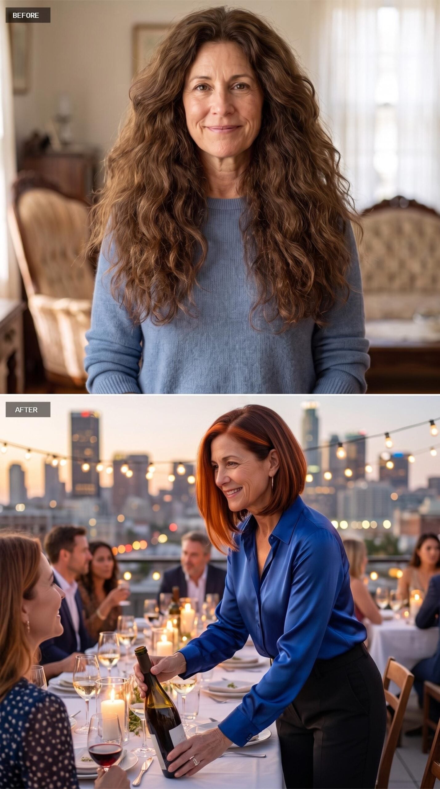 Rooftop Dinner, Copper Lob, and Blue Silk Under String Lights
