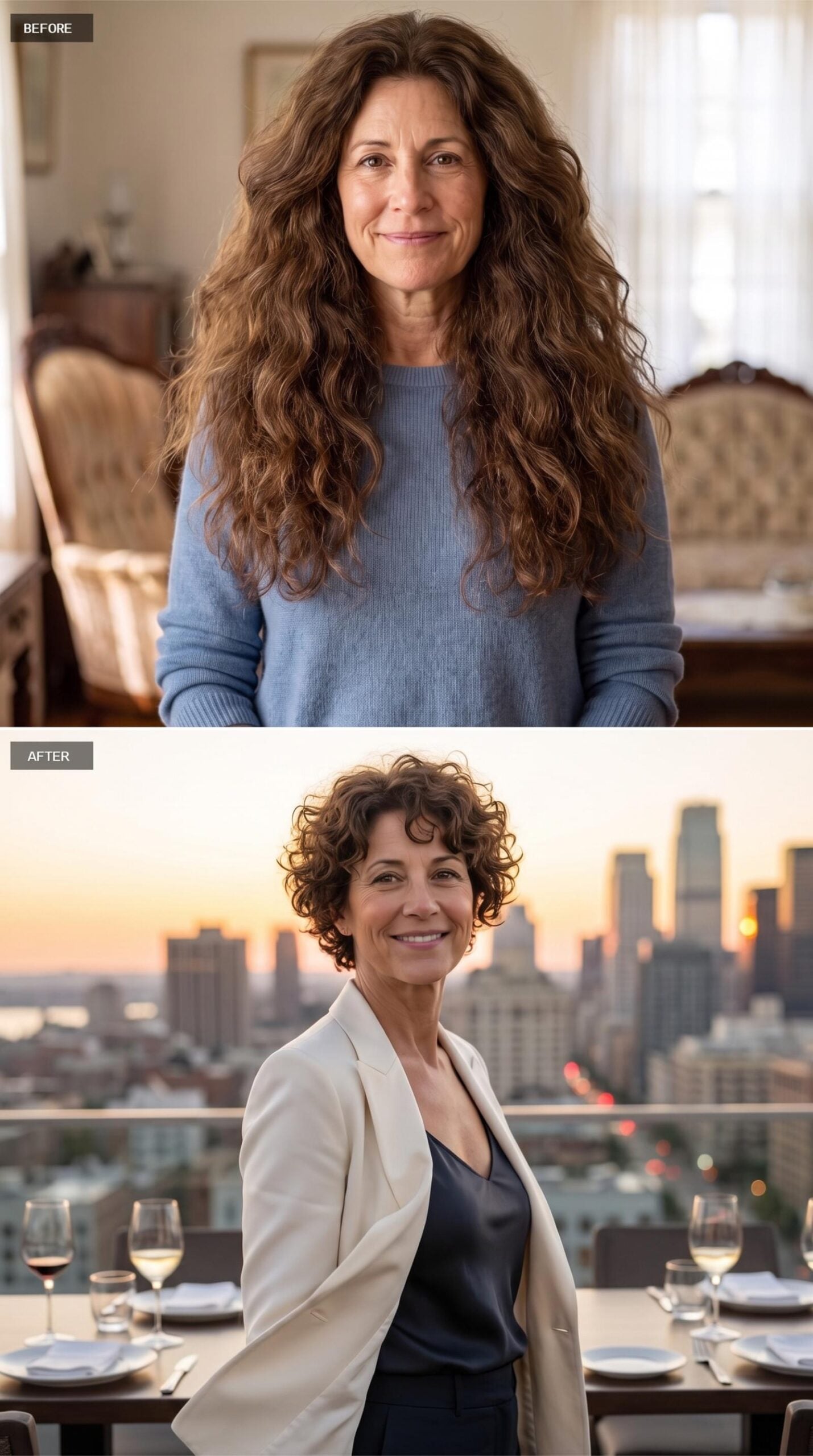 Rooftop Dinner, White Blazer, and Short Curls at Sunset