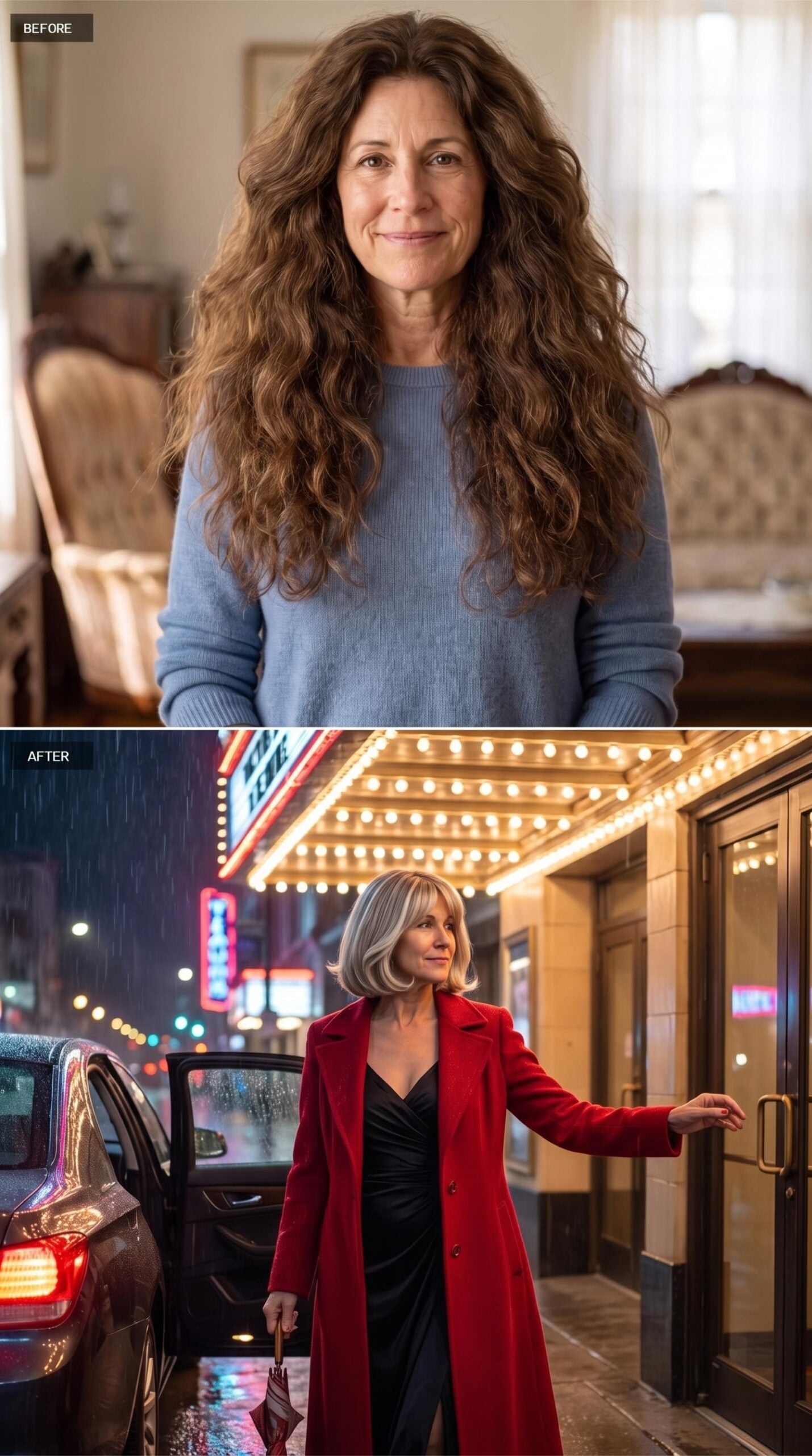 Platinum Bob, Red Coat, Rainy Marquee: Confidence Under Full Light
