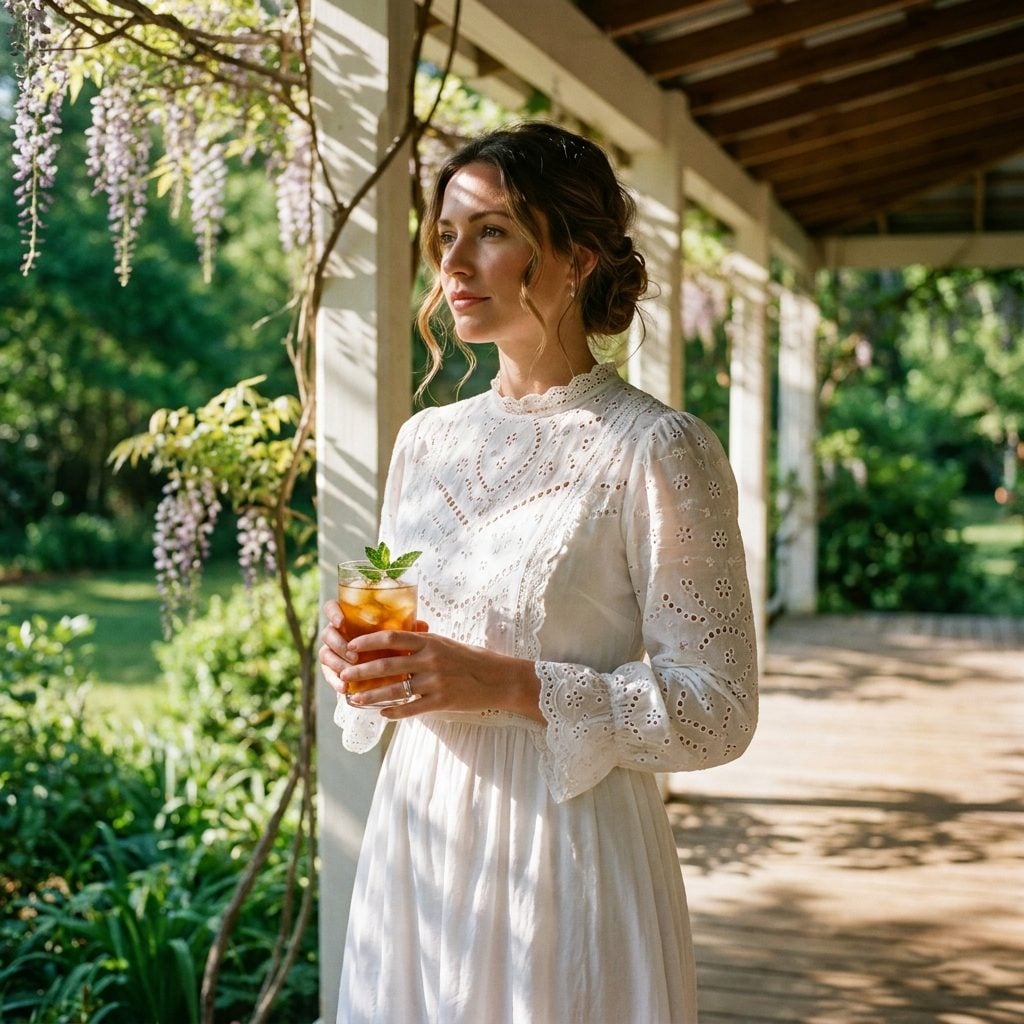 Cream prairie dress with scalloped eyelet bib and sleeve bands
