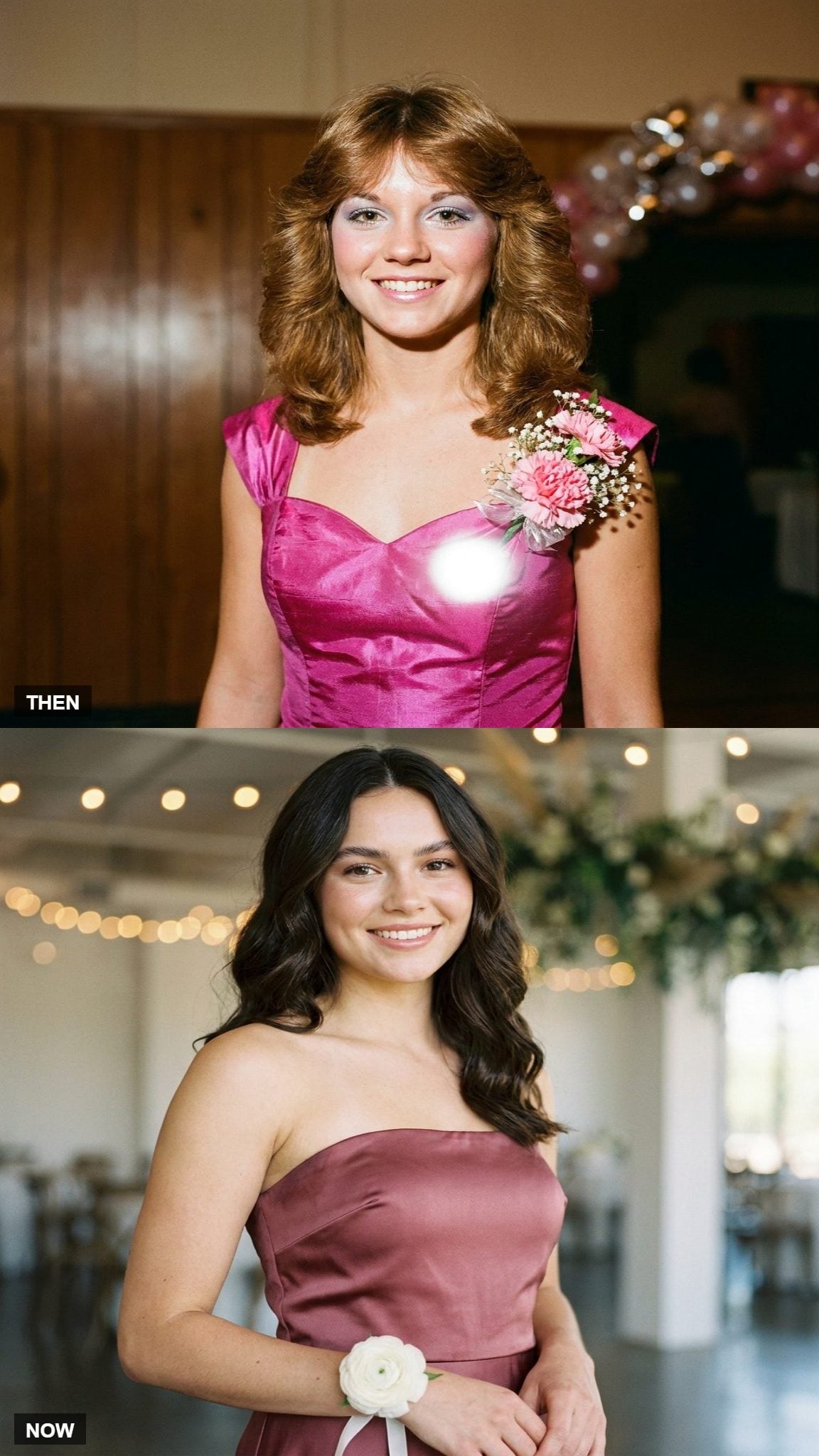 Shiny 1980 prom fabric compared with matte modern formalwear