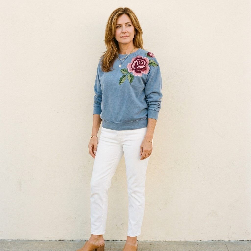 The Faded Denim-Look Sweatshirt With an Embroidered Rose That Every Woman Owned at Least Once