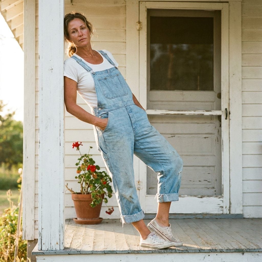 Faded Overalls Rolled to the Shin With White Canvas Sneakers