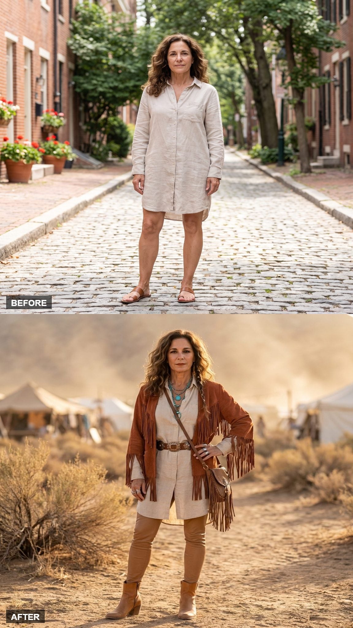 Festival Nightfall in a Fringed Kimono and Tan Boots