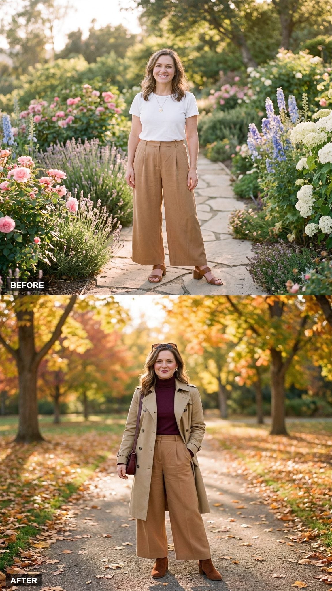 First-Day-of-Fall Walk in a Burgundy Turtleneck and Trench