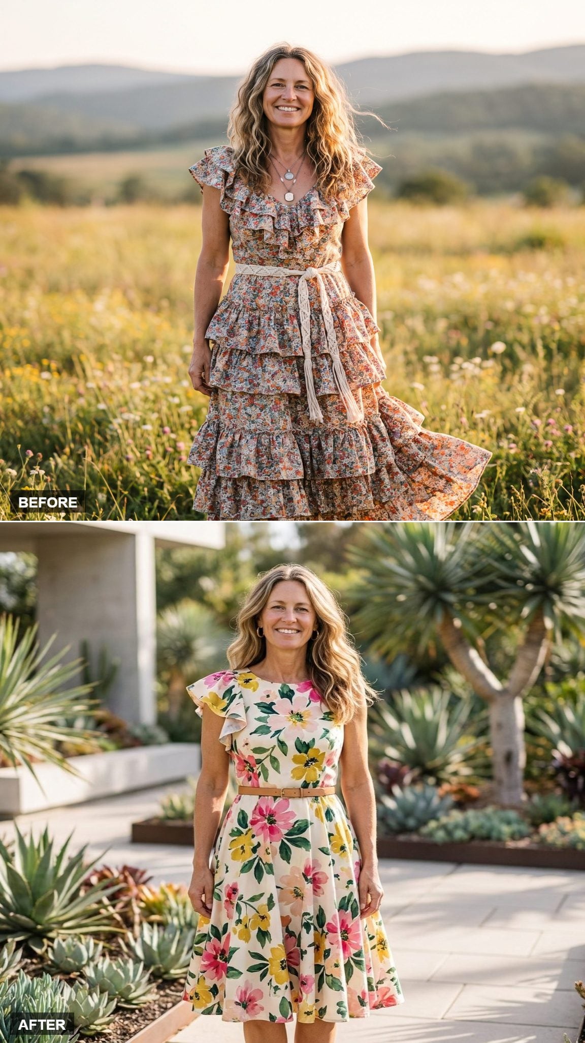 Fit-and-Flare Floral With a Modern Print, One Soft Shoulder Ruffle, and a Thin Leather Belt in a Botanical Garden