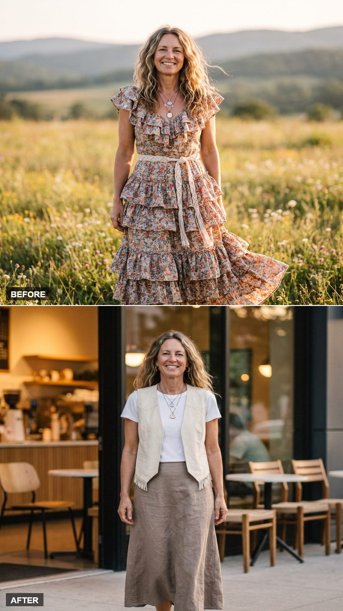 Fitted Ivory Suede Vest With Fringe, Plain Tee, and a Flowing Taupe Midi Skirt That Finally Hits the Right Note
