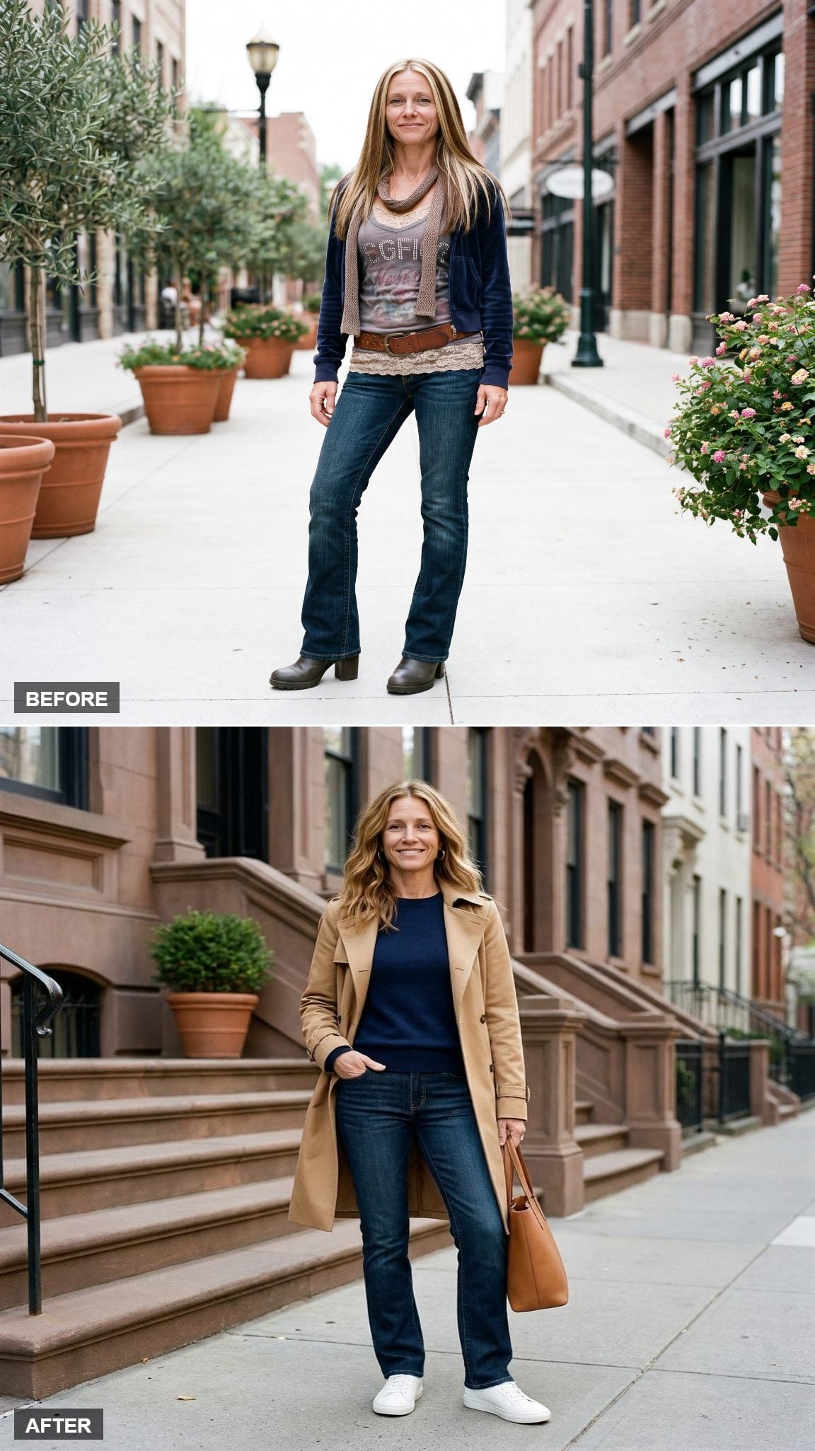 Fitted Sweater, Dark Straight-Leg Denim, White Leather Sneakers, and a Classic Trench Prove the Capsule Formula Still Wins