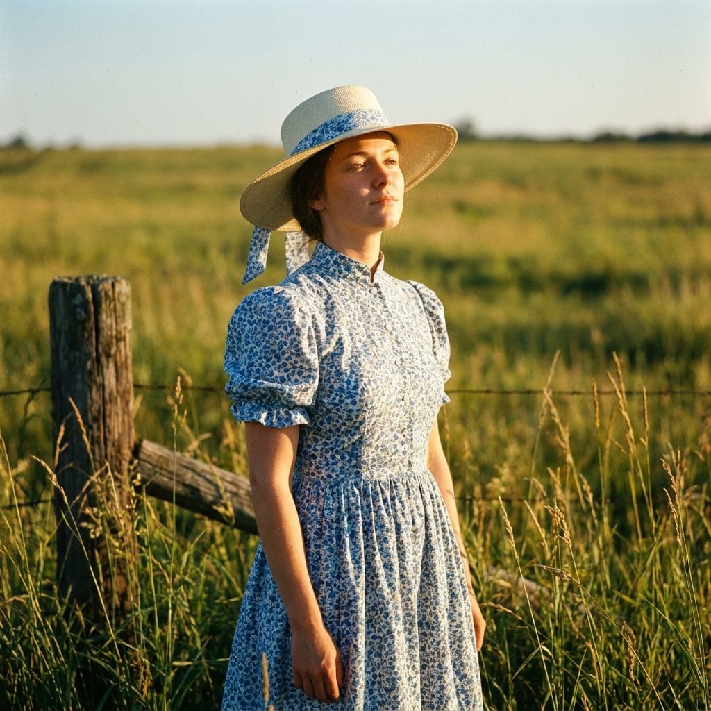 Blue floral prairie dress with wide straw hat and matching ribbon