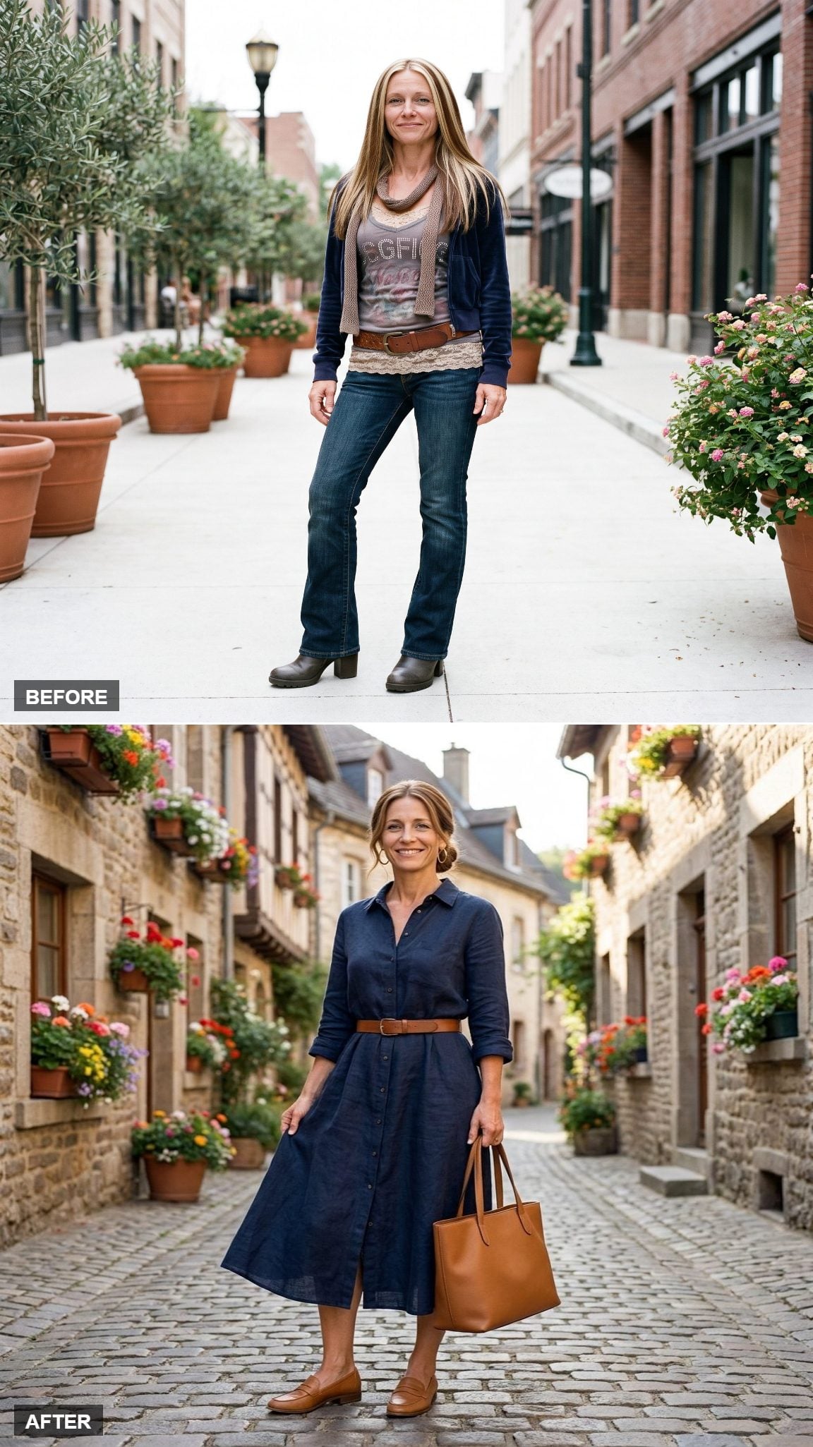 A Flowing Shirt Dress with Leather Loafers and a Structured Tote on a European Stone Street