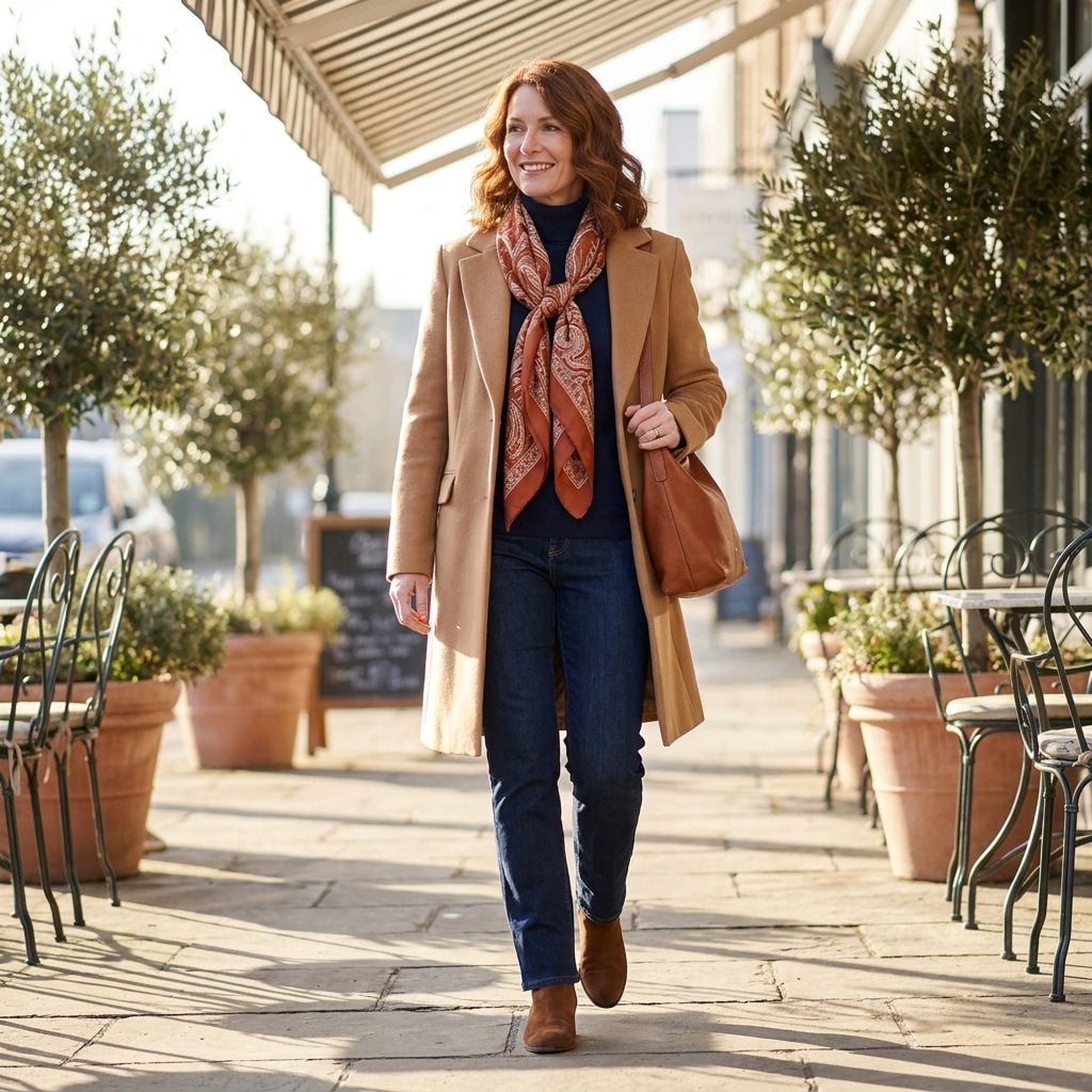 Folded Into a Triangle and Tucked Into an Open Collar for Warmth With Polish