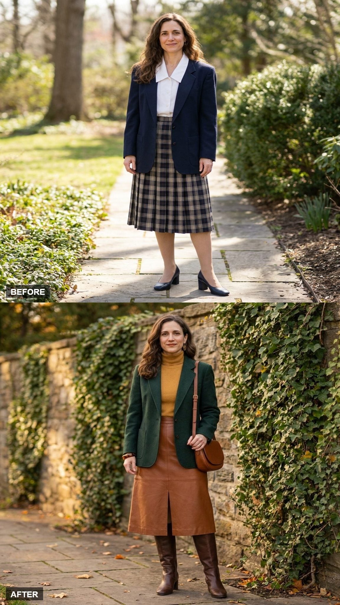 Forest Green Blazer and Cognac Leather Skirt for a Kind of Autumn That Doesn't Exist Yet