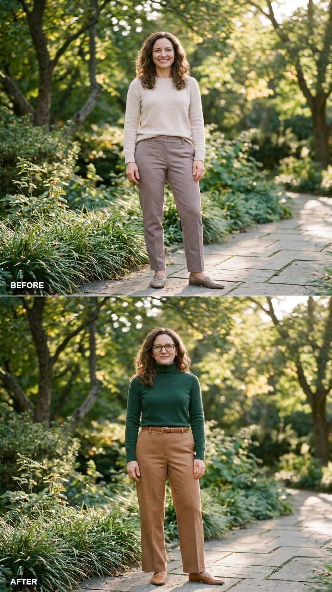 Forest Green Cashmere Turtleneck, Caramel Trousers, and Tortoiseshell Frames