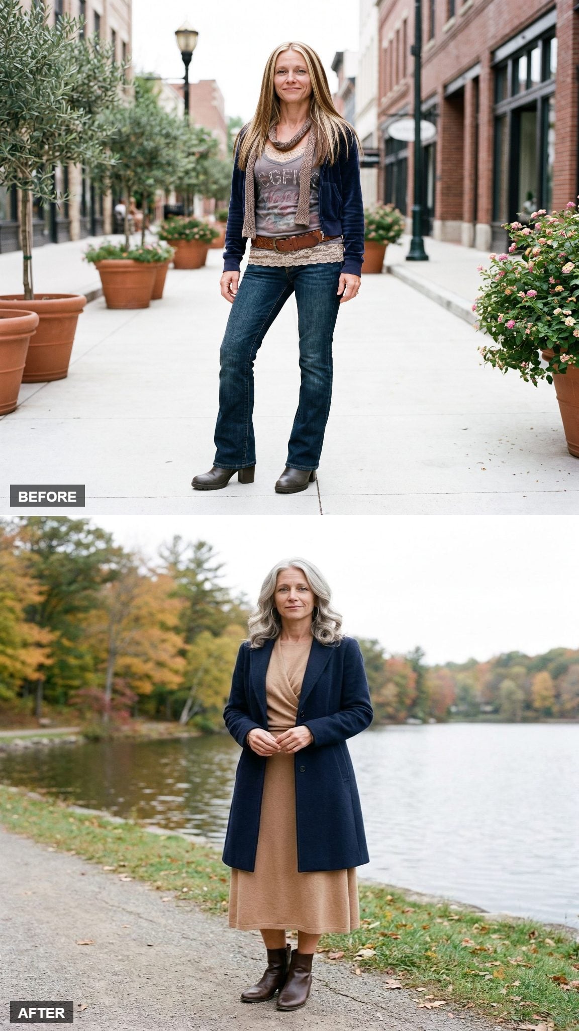 Forest Green Tailored Trousers, Cream Silk Blouse, and Camel Blazer in a Sculpture Garden