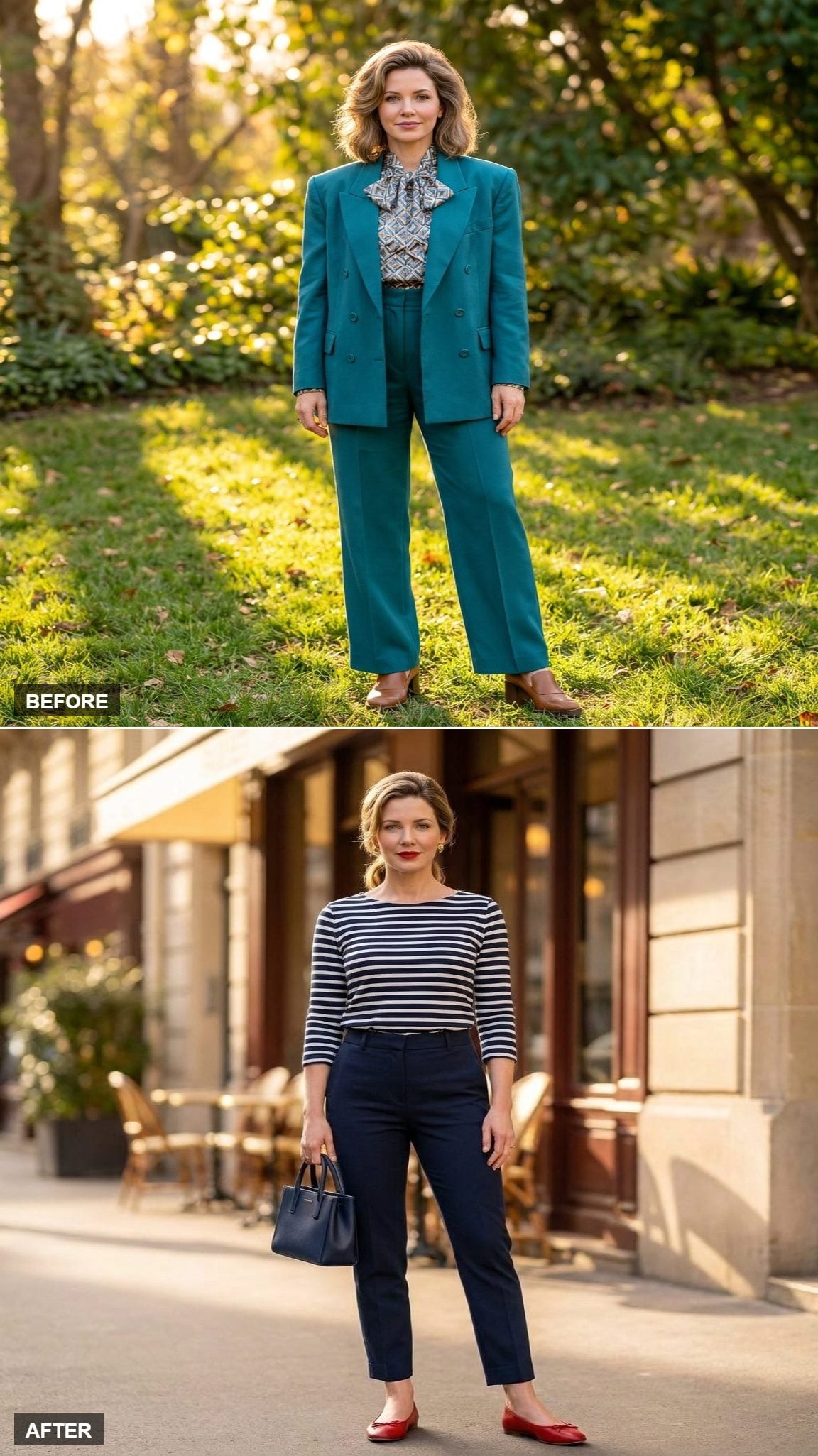 The French Exit: Striped Breton Top, Tailored Navy Cigarette Pants, and Red Ballet Flats