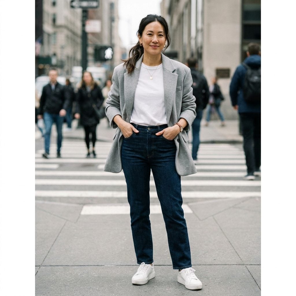 French Tuck a Fitted Tee Into High-Waisted Denim