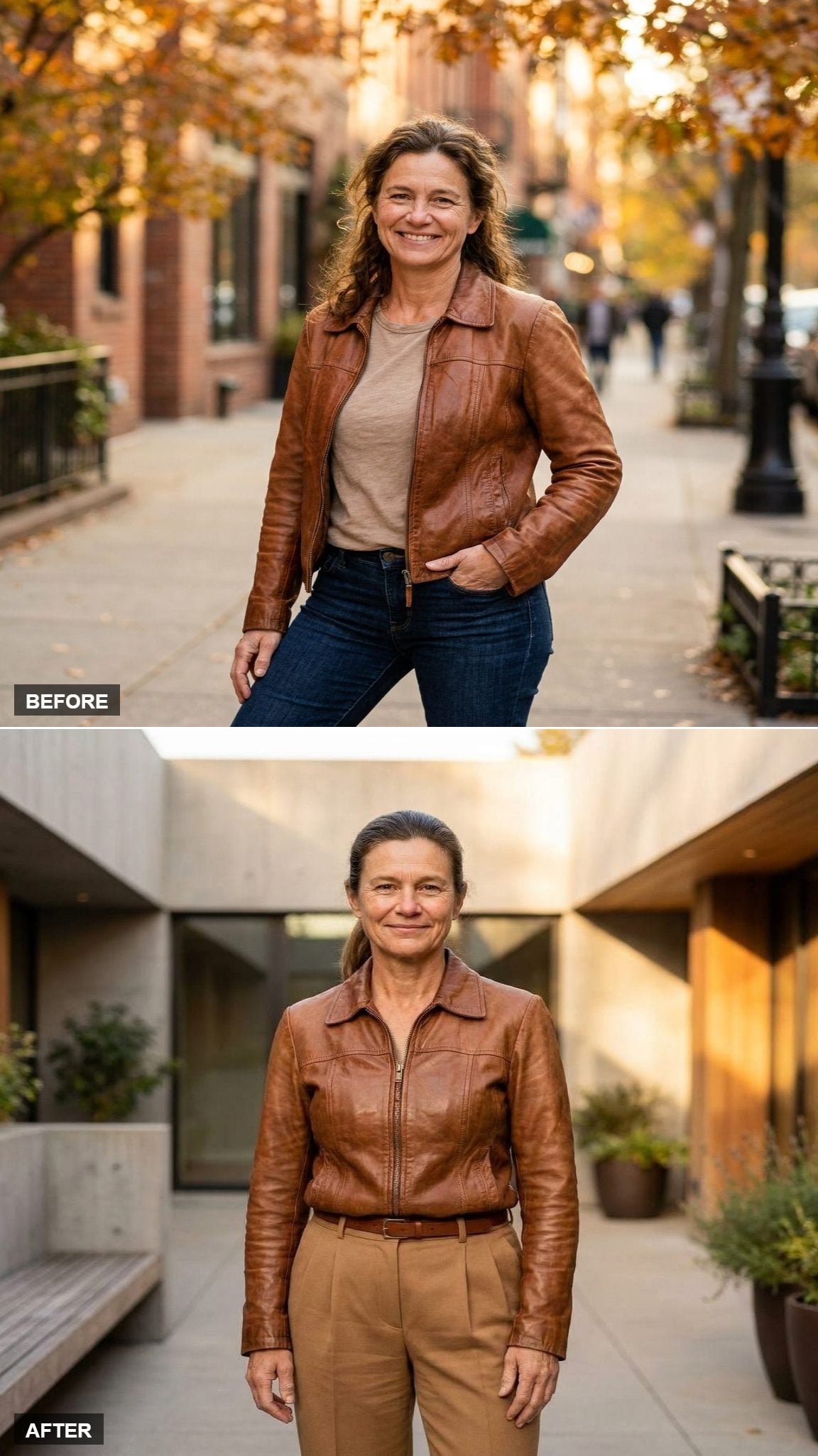 The French Tuck Trick: Both Hems Into High-Waisted Pleated Trousers, Belt Visible, Ponytail Sharp