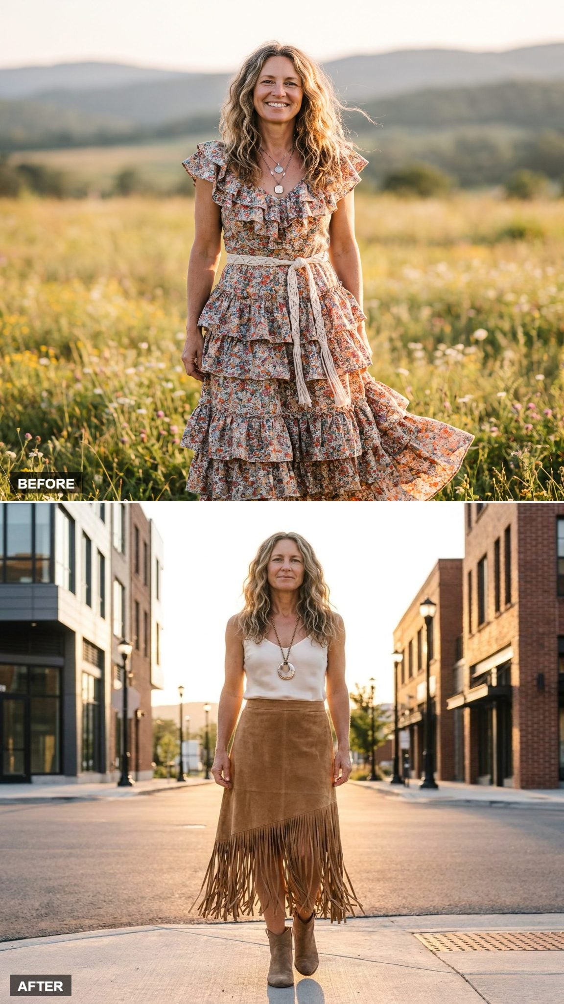 Fringe-Hem Suede A-Line Skirt, Fitted Ivory Top, and One Oversized Pendant